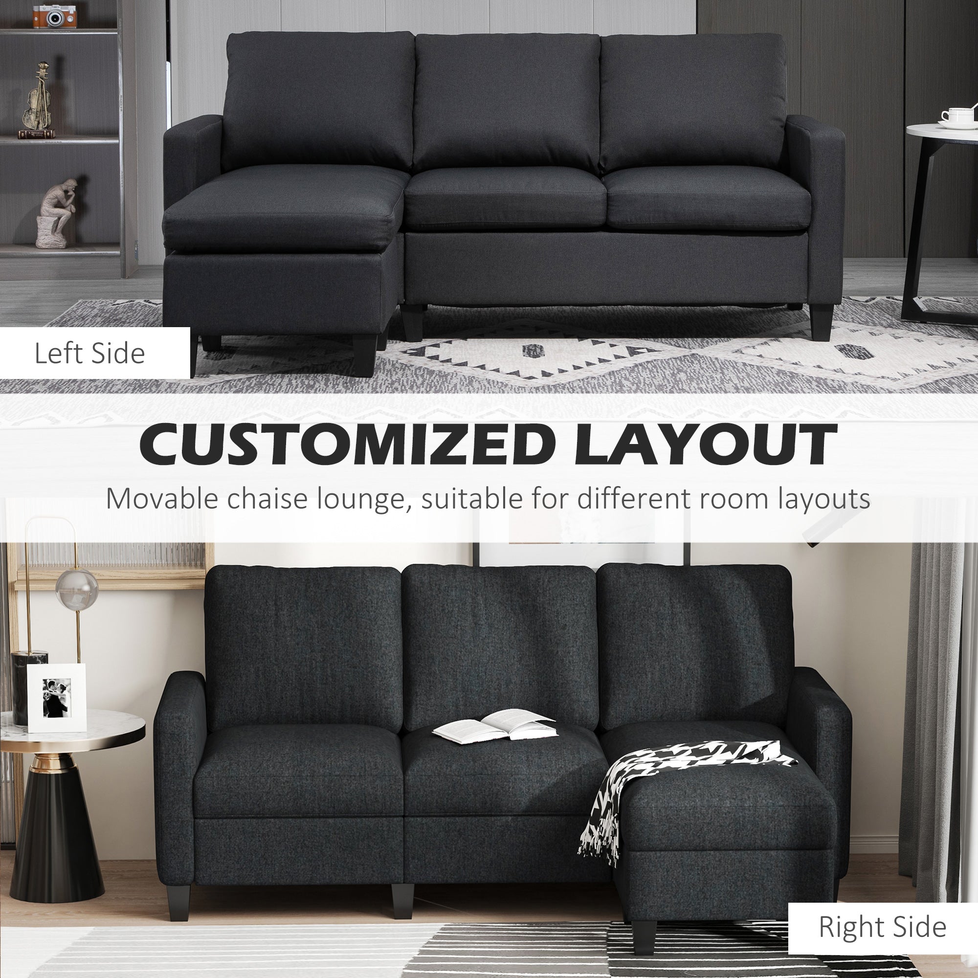 L-Shape Sofa Sectional Couch Dark Grey Linen-DECOROLALA