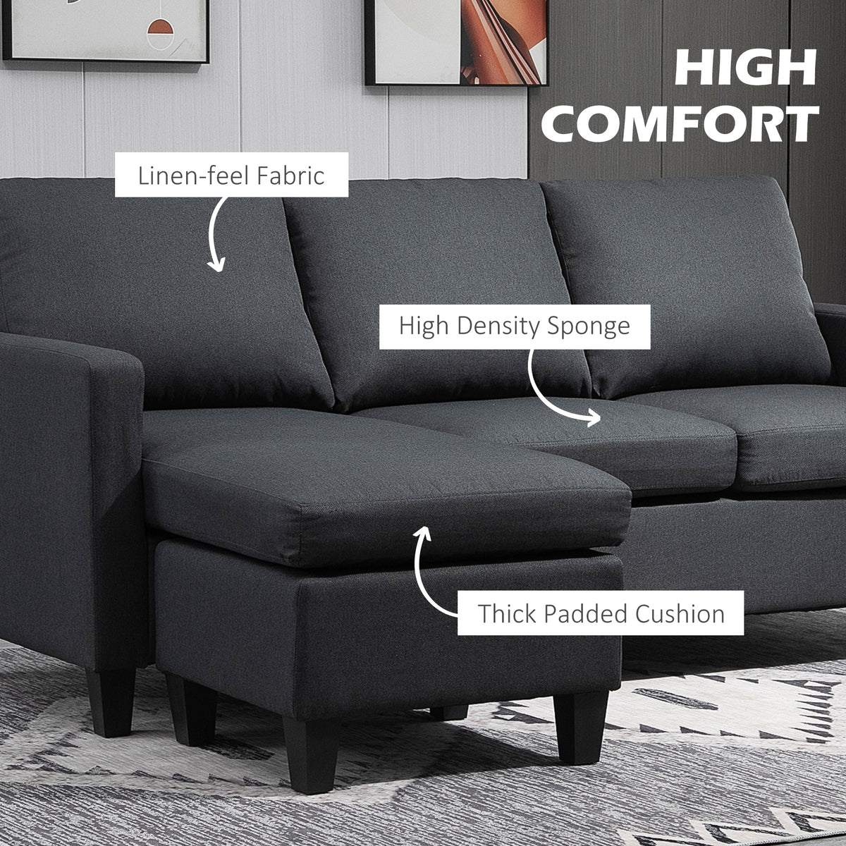L-Shape Sofa Sectional Couch Dark Grey Linen-DECOROLALA