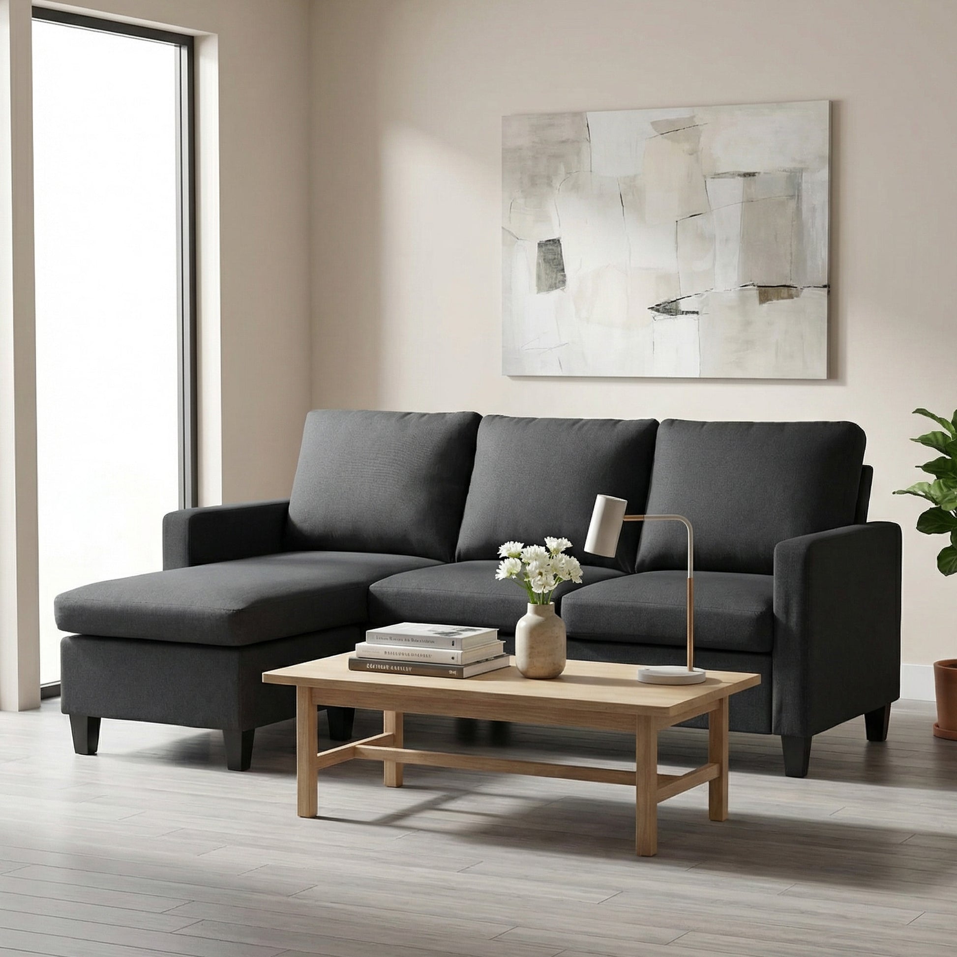 L-Shape Sofa Sectional Couch Dark Grey Linen-DECOROLALA
