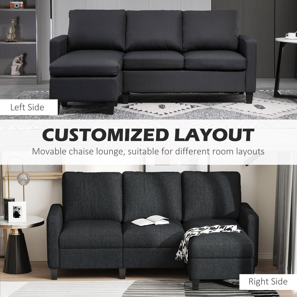 L-Shape Sofa Sectional Couch Dark Grey Linen-DECOROLALA