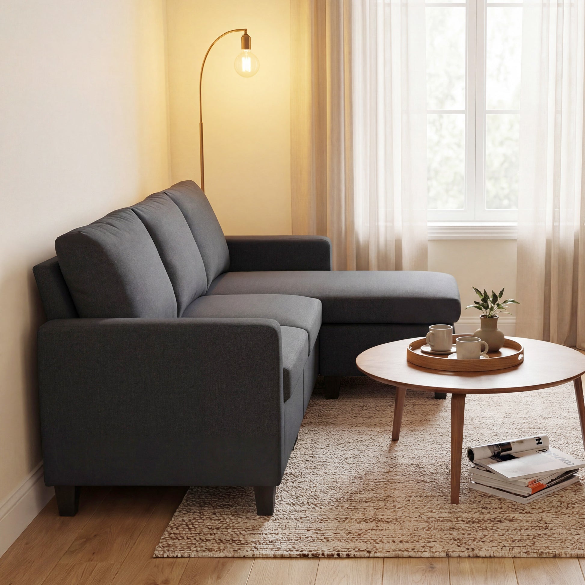 L-Shape Sofa Sectional Couch Dark Grey Linen-DECOROLALA