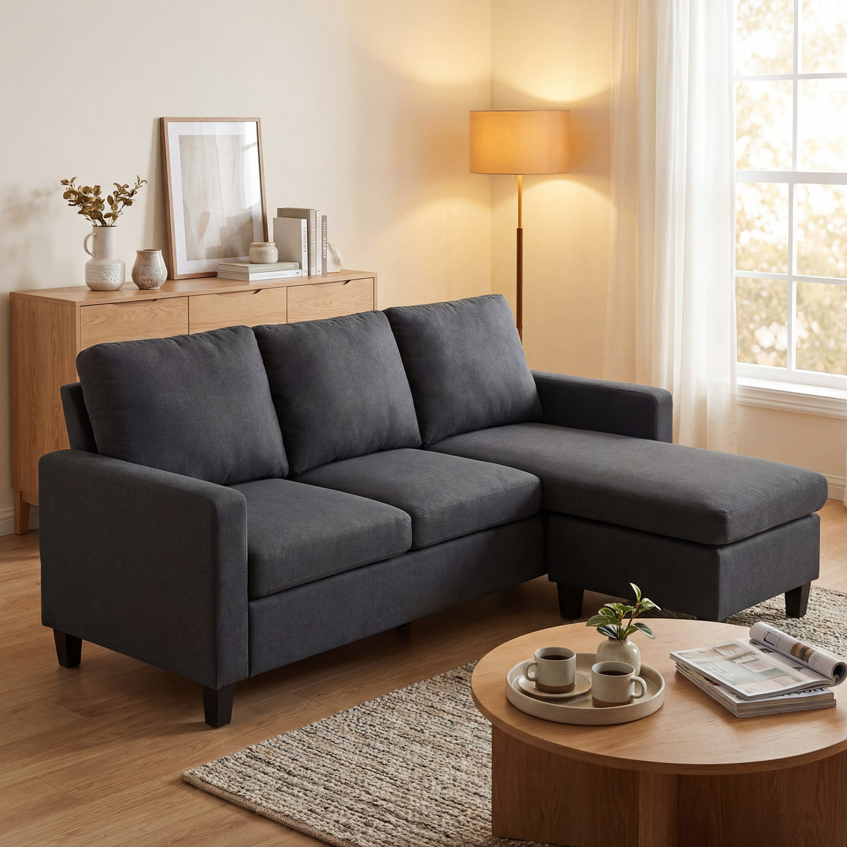 L-Shape Sofa Sectional Couch Dark Grey Linen-DECOROLALA