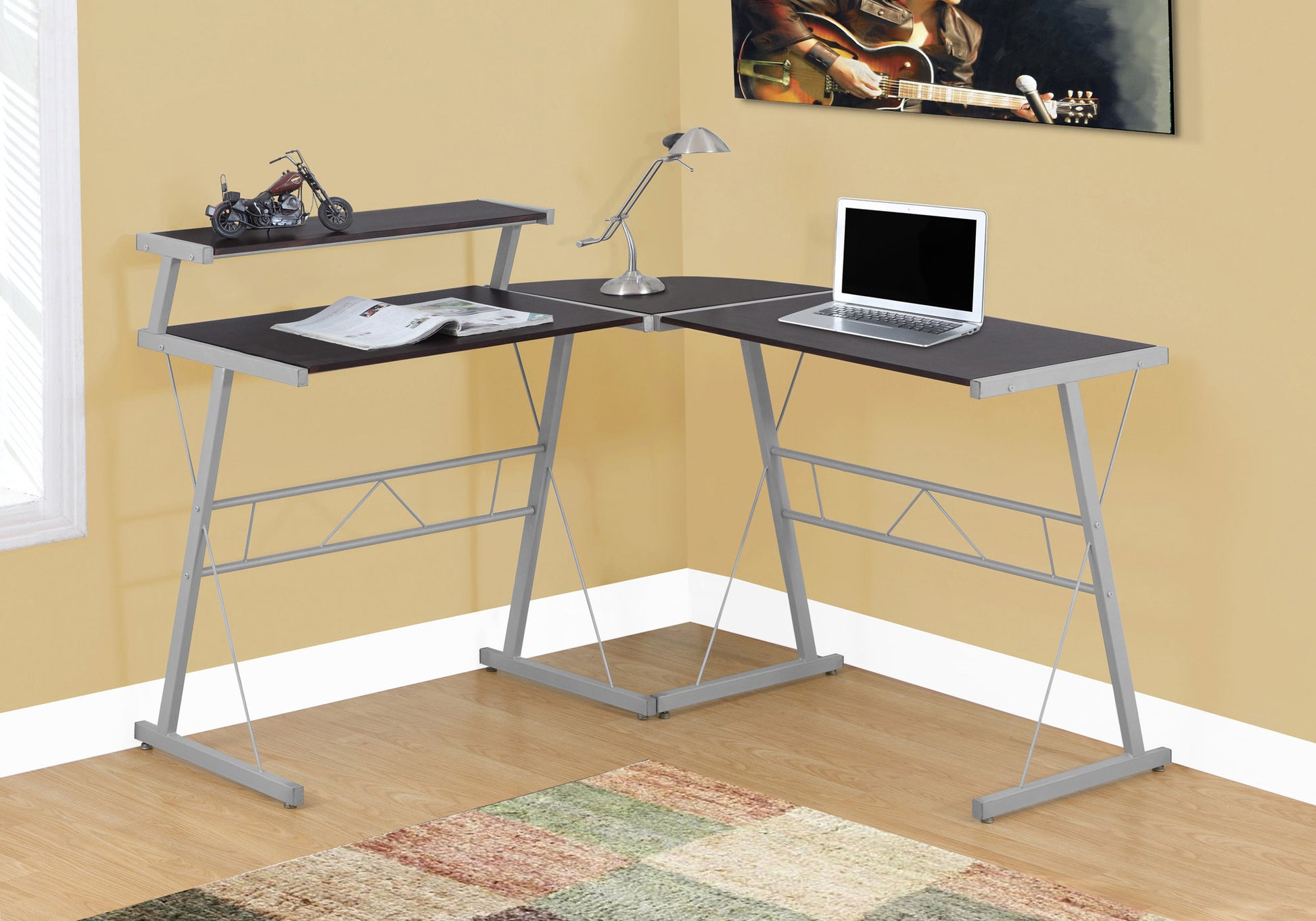 L-Shaped Computer Desk, Espresso Top with Grey Metal Frame-Computer Desk-DECOROLALA