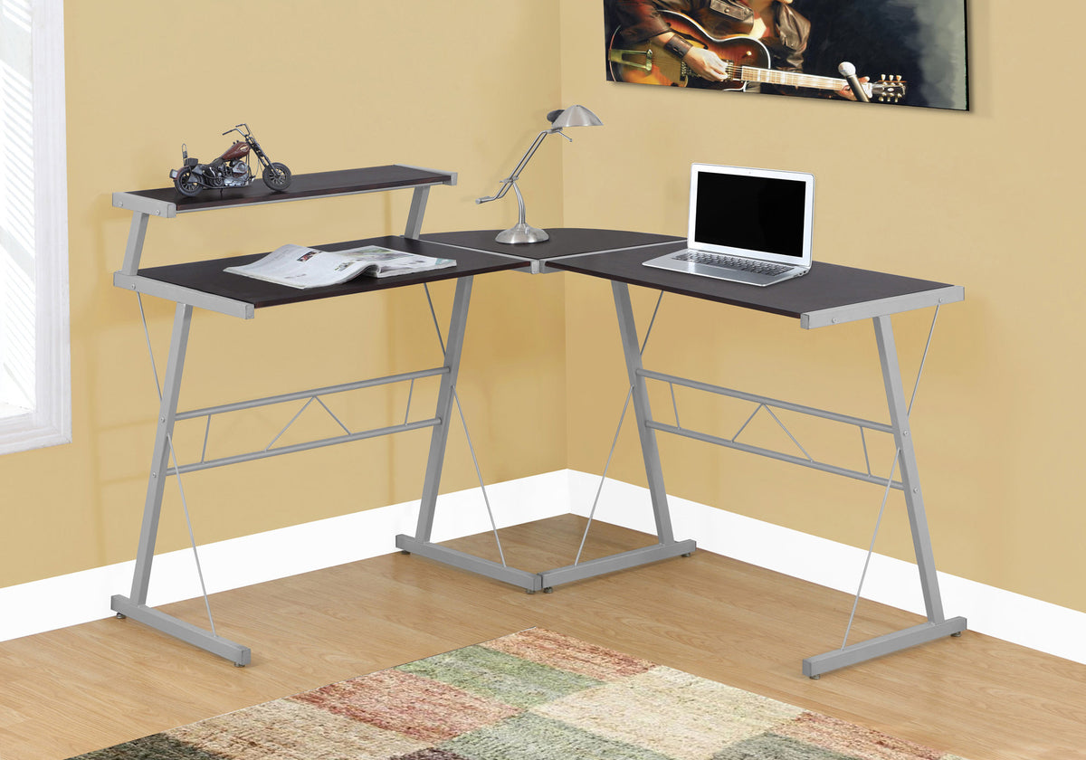 L-Shaped Computer Desk, Espresso Top with Grey Metal Frame-Computer Desks-DECOROLALA
