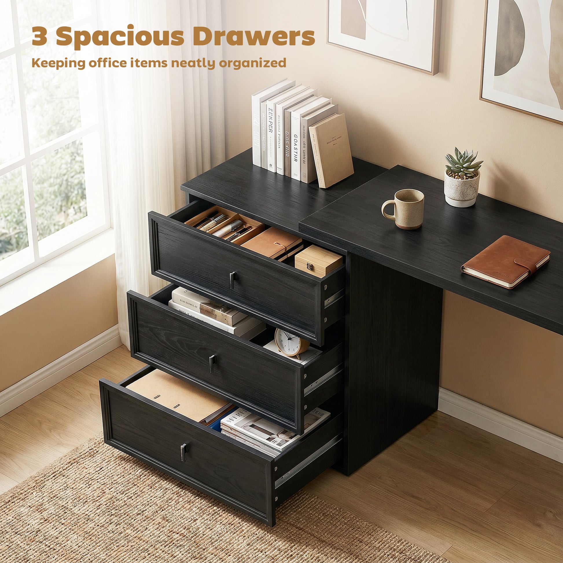 L Shaped Computer Desk Home Office Desk with 3 Drawers Black Wood Grain-Office Products > Office Furniture > Office Desks & Work Stations > Computer Desks-DECOROLALA
