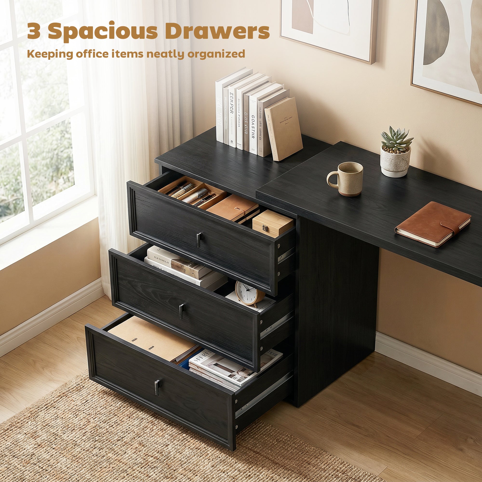 L Shaped Computer Desk Home Office Desk with 3 Drawers Black Wood Grain-Office Products > Office Furniture > Office Desks & Work Stations > Computer Desks-DECOROLALA