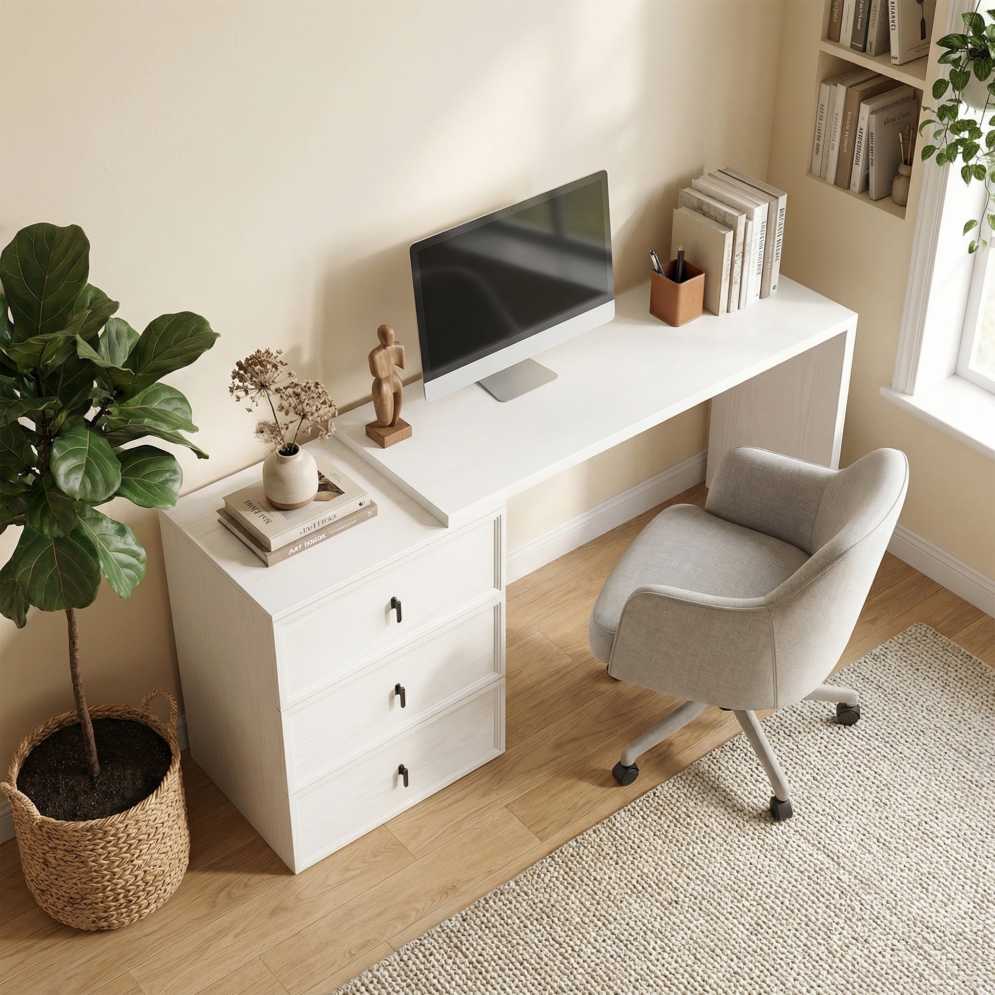 L Shaped Computer Desk Home Office Desk with 3 Drawers White Wood Grain-Office Products > Office Furniture > Office Desks & Work Stations > Computer Desks-DECOROLALA