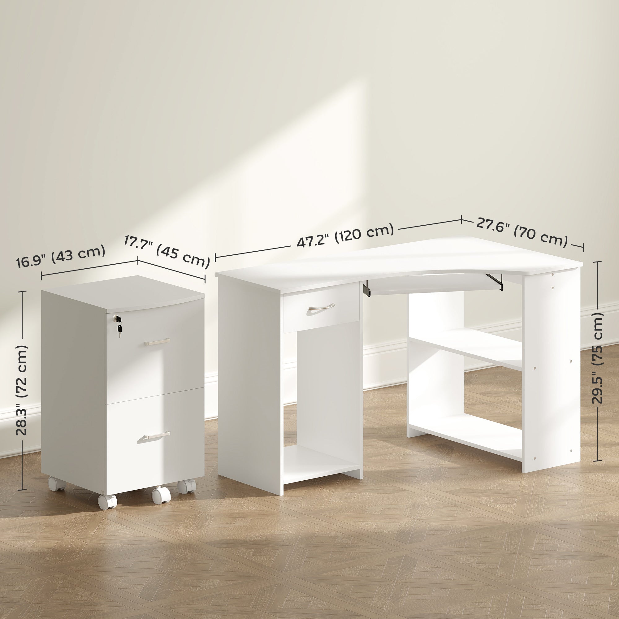 L-Shaped Computer Desk and File Cabinet Set - White Modern MDF-DECOROLALA