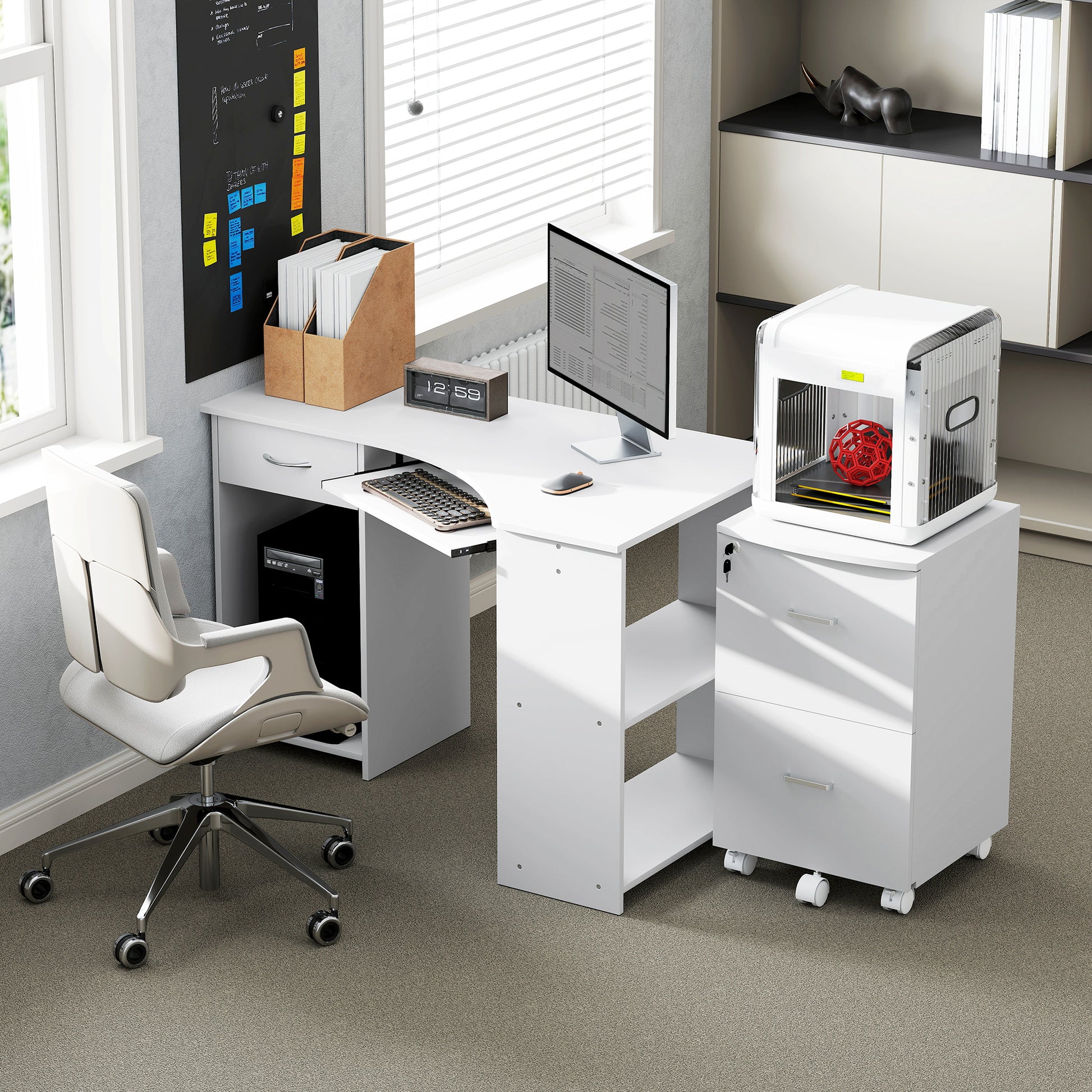 L-Shaped Computer Desk and File Cabinet Set - White Modern MDF-DECOROLALA