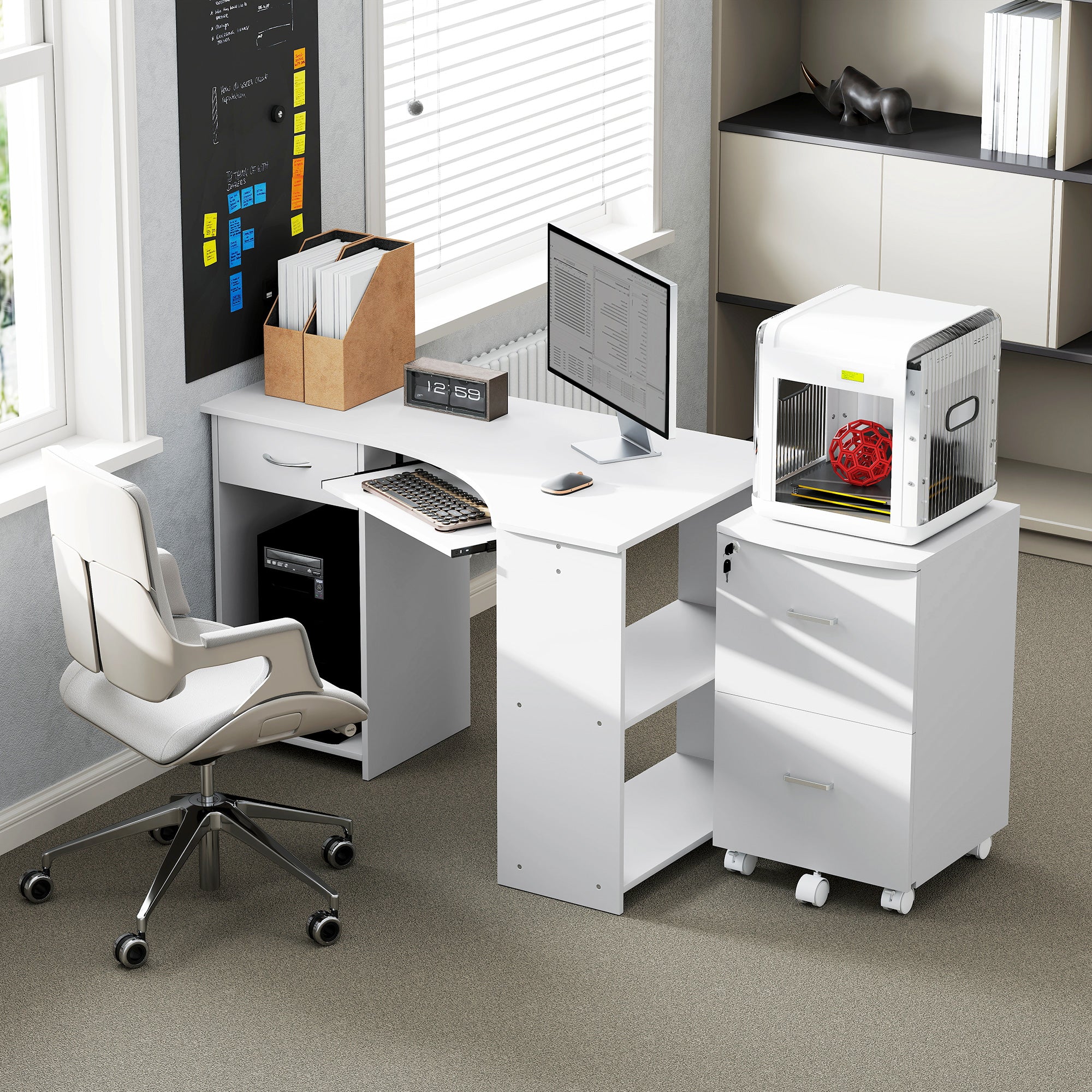 L-Shaped Computer Desk and File Cabinet Set - White Modern MDF-DECOROLALA