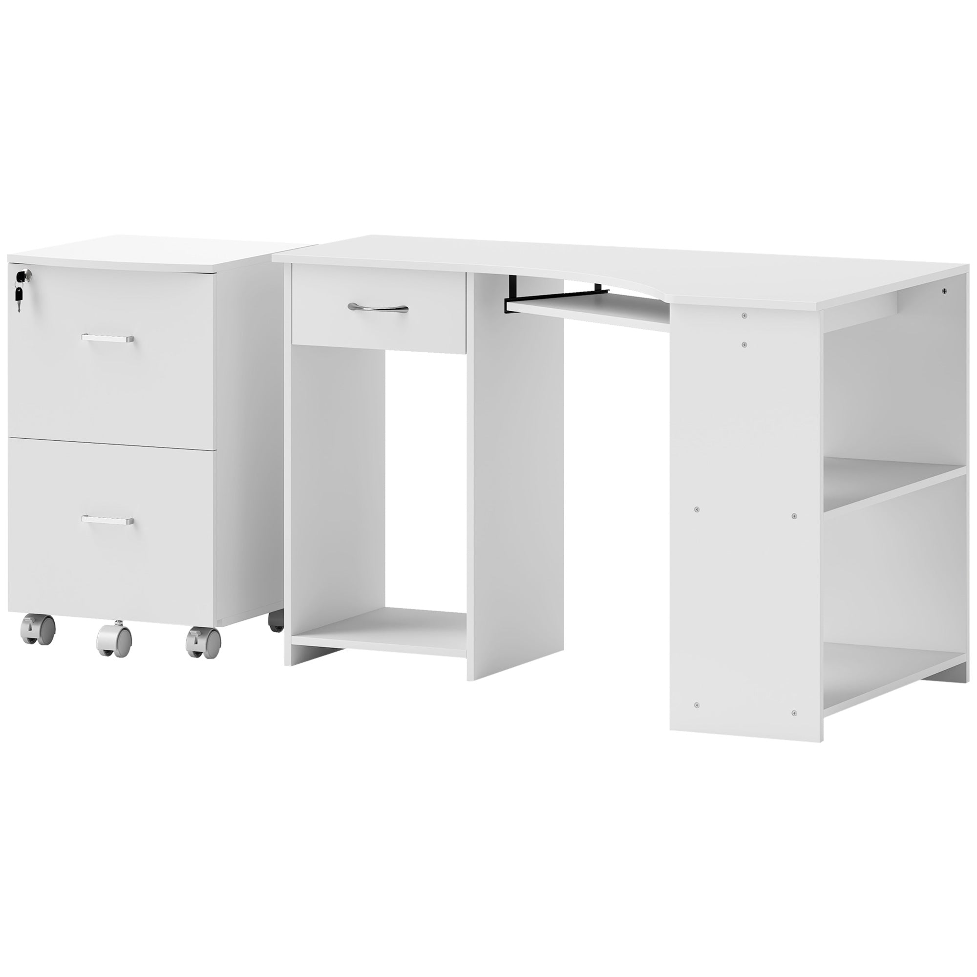 L-Shaped Computer Desk and File Cabinet Set - White Modern MDF-DECOROLALA