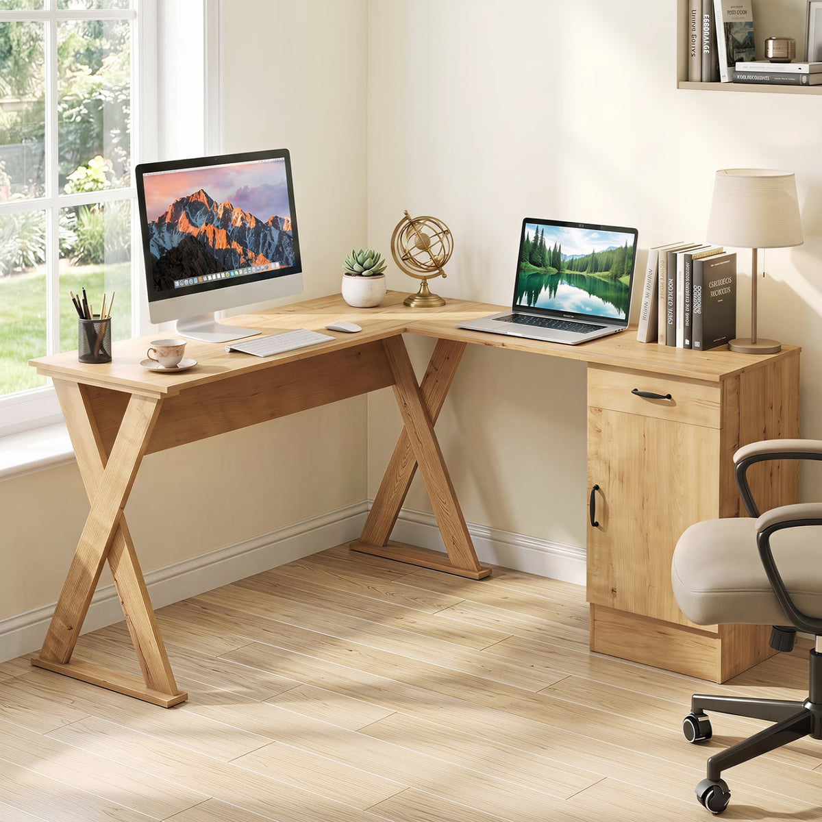 L-Shaped Computer Desk with Reversible Drawer and Cabinet for Bedroom and Small Spaces Workstation-Oak-Office Desks-DECOROLALA