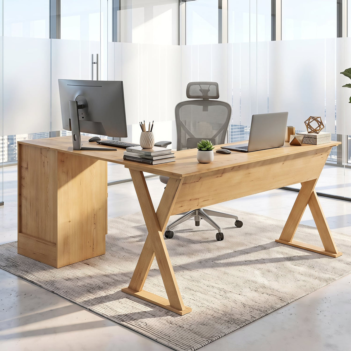 L-Shaped Computer Desk with Reversible Drawer and Cabinet for Bedroom and Small Spaces Workstation-Oak-Office Desks-DECOROLALA