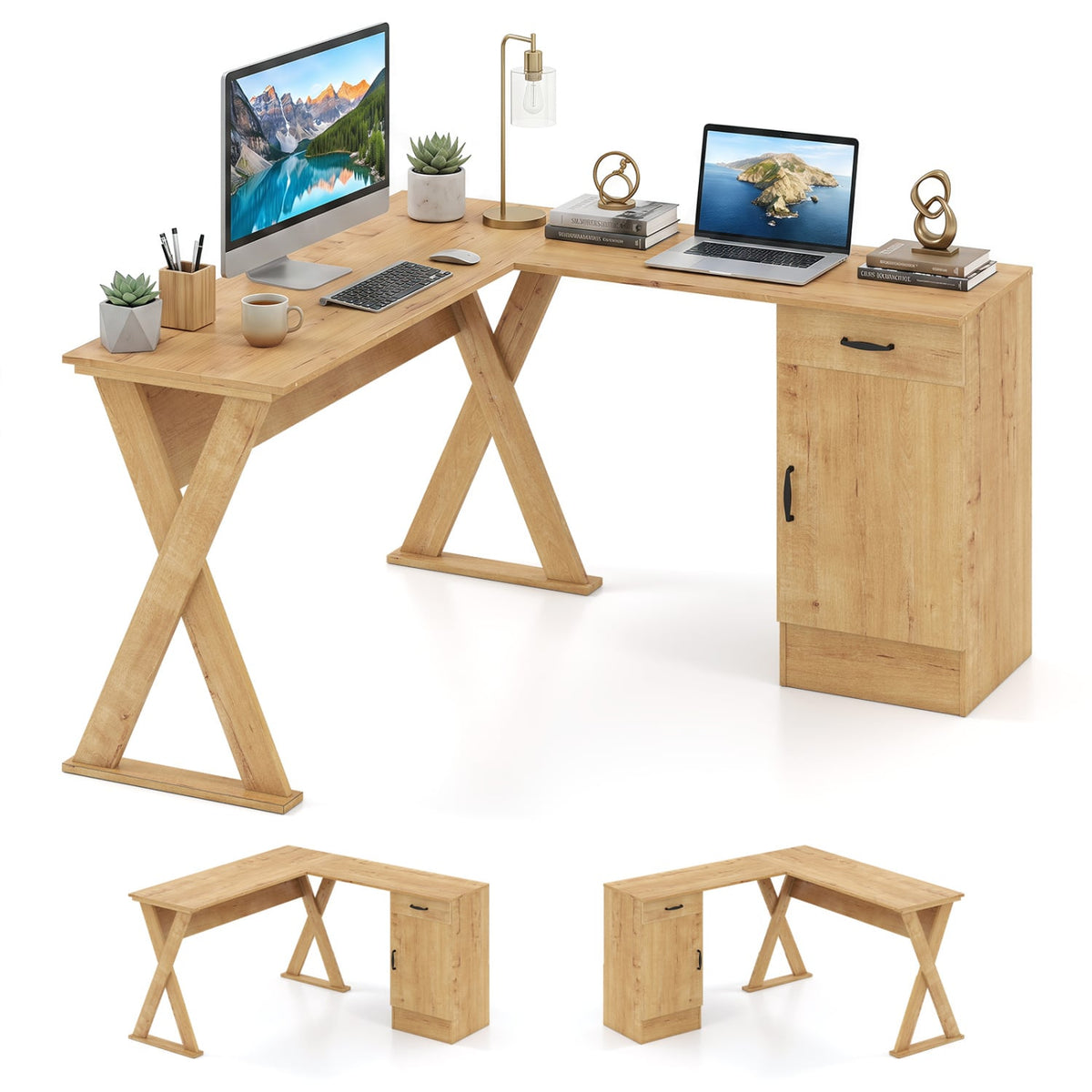 L-Shaped Computer Desk with Reversible Drawer and Cabinet for Bedroom and Small Spaces Workstation-Oak-Office Desks-DECOROLALA