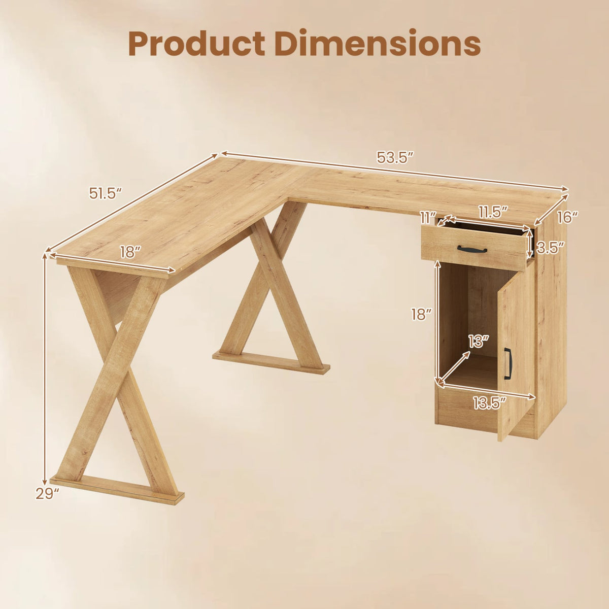 L-Shaped Computer Desk with Reversible Drawer and Cabinet for Bedroom and Small Spaces Workstation-Oak-Office Desks-DECOROLALA