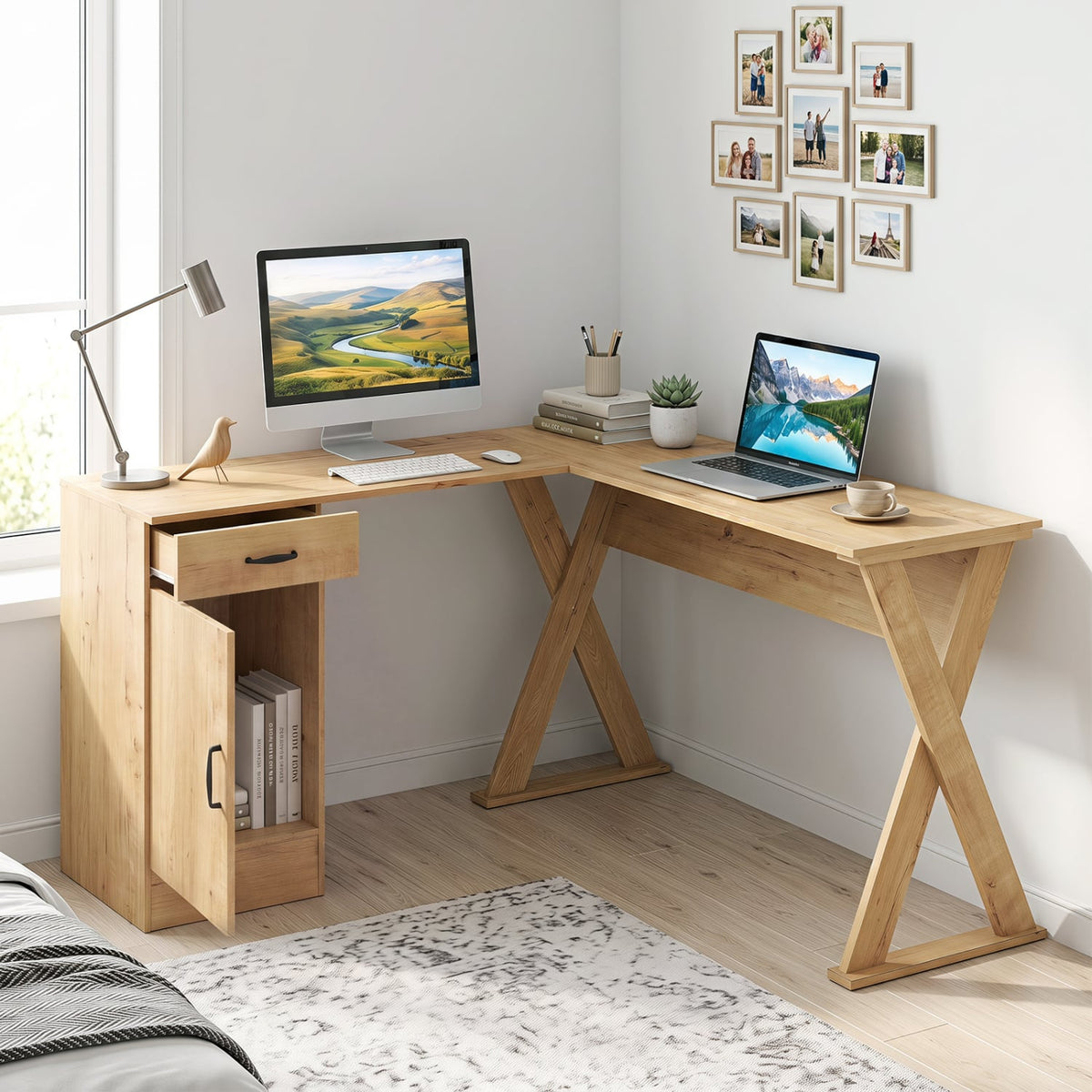 L-Shaped Computer Desk with Reversible Drawer and Cabinet for Bedroom and Small Spaces Workstation-Oak-Office Desks-DECOROLALA