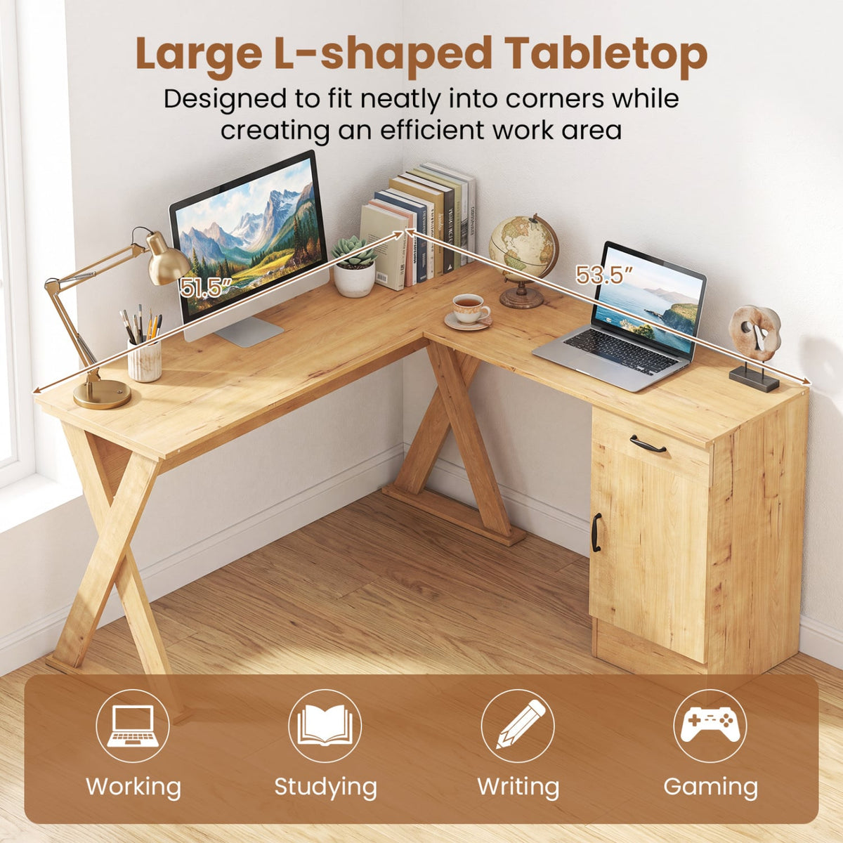 L-Shaped Computer Desk with Reversible Drawer and Cabinet for Bedroom and Small Spaces Workstation-Oak-Office Desks-DECOROLALA