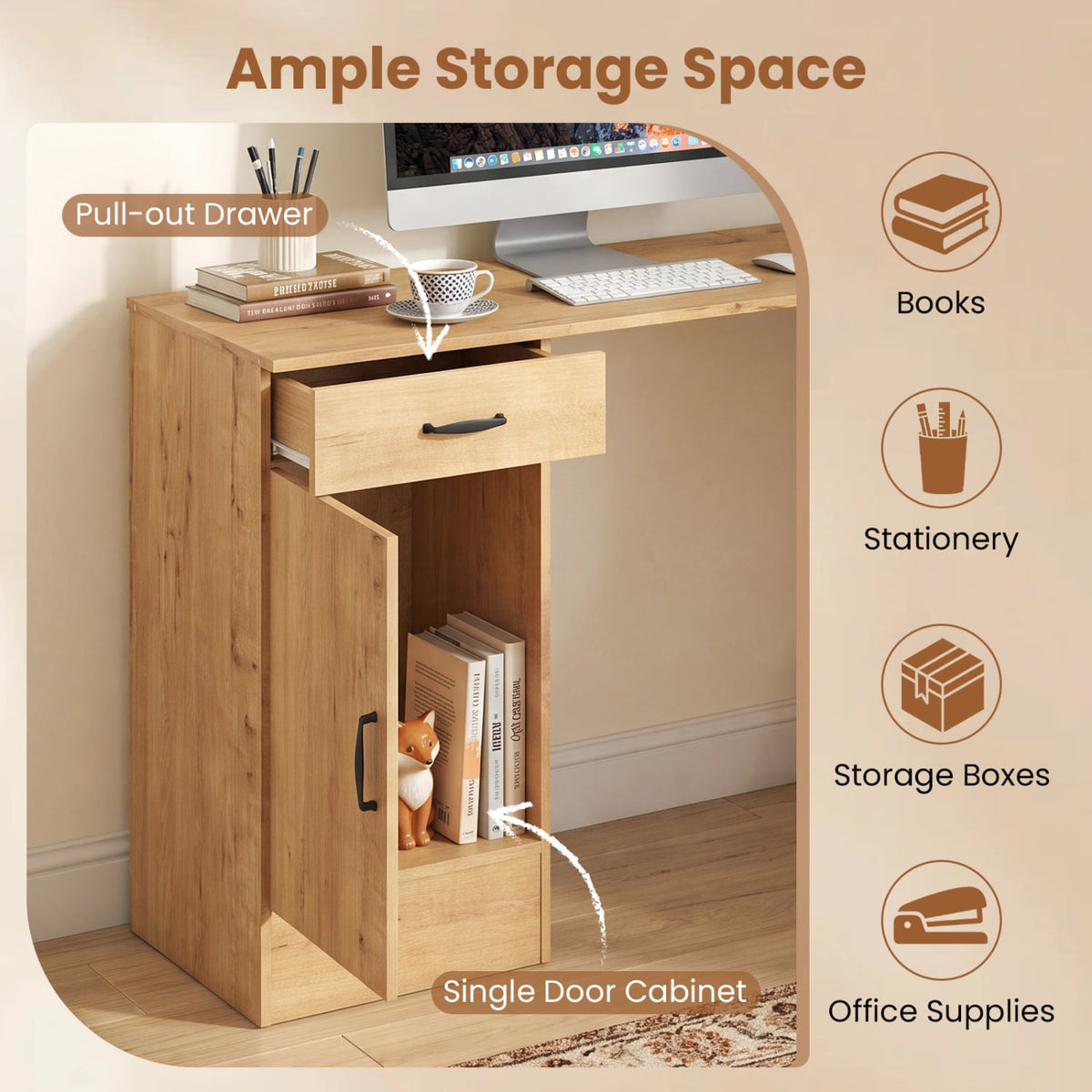 L-Shaped Computer Desk with Reversible Drawer and Cabinet for Bedroom and Small Spaces Workstation-Oak-Office Desks-DECOROLALA