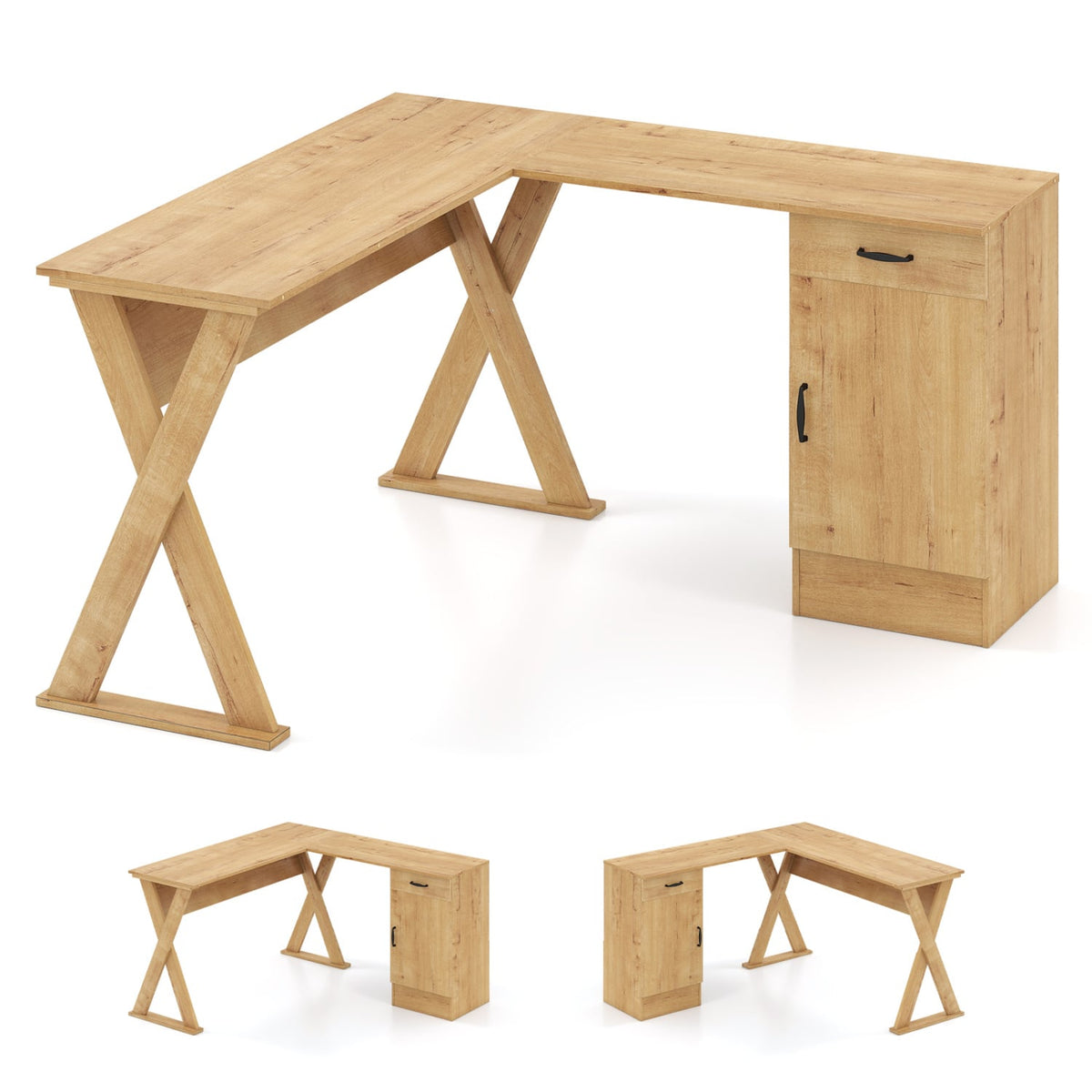 L-Shaped Computer Desk with Reversible Drawer and Cabinet for Bedroom and Small Spaces Workstation-Oak-Office Desks-DECOROLALA
