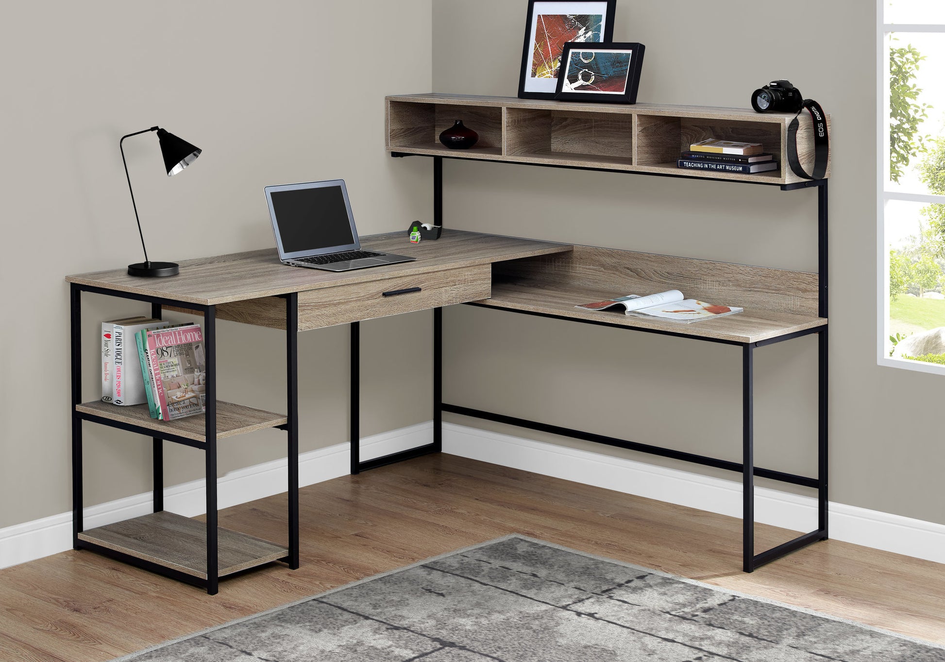 L-Shaped Computer Desk with Storage, Grey Wood-Look-Office Chair-DECOROLALA