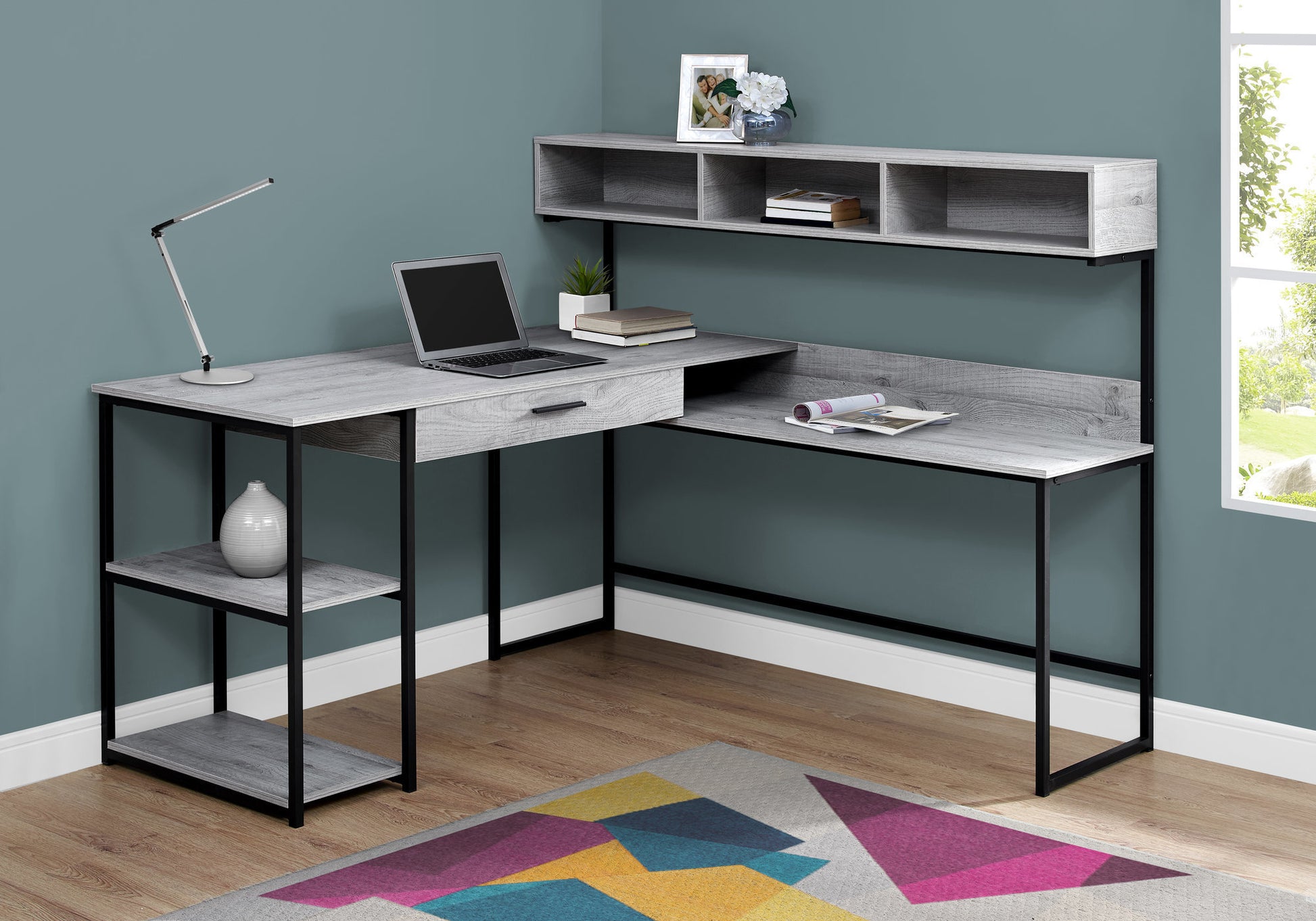 L-Shaped Computer Desk with Storage, Grey Wood-Look-Office Chair-DECOROLALA