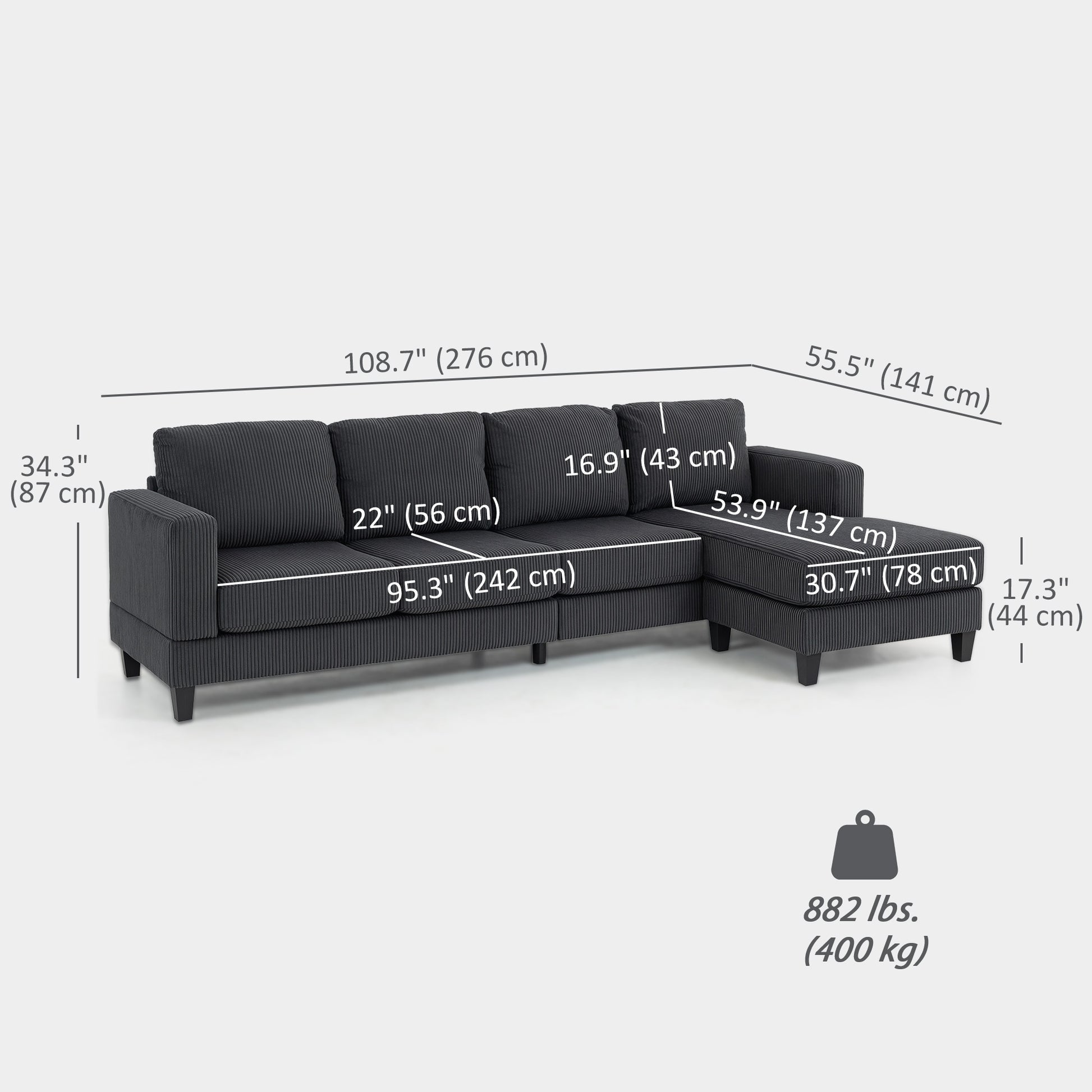 L Shaped Corduroy Sofa Chaise - Charcoal Grey-DECOROLALA