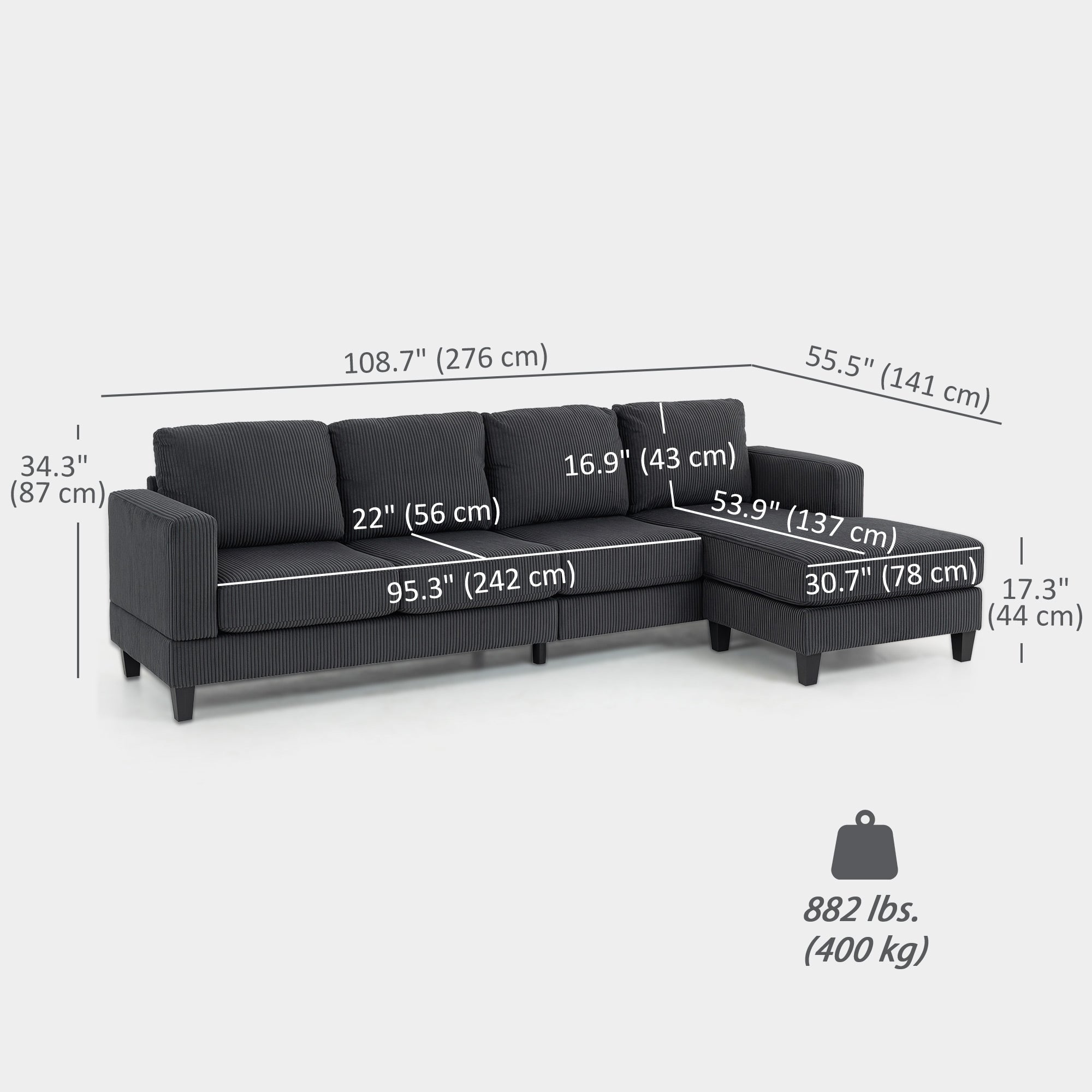 L Shaped Corduroy Sofa Chaise - Charcoal Grey-DECOROLALA