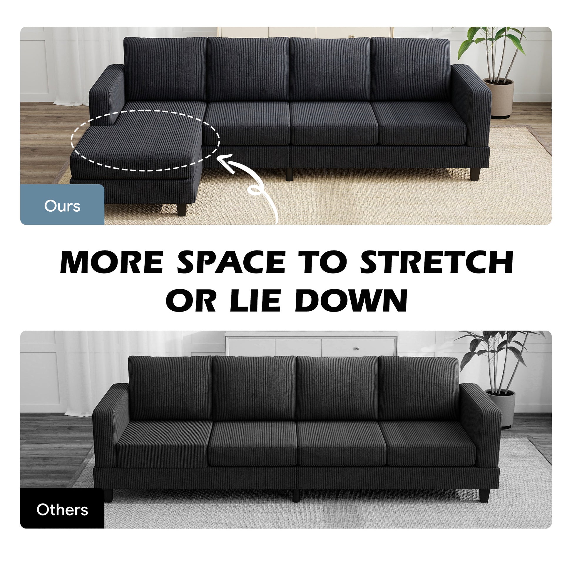 L Shaped Corduroy Sofa Chaise - Charcoal Grey-DECOROLALA
