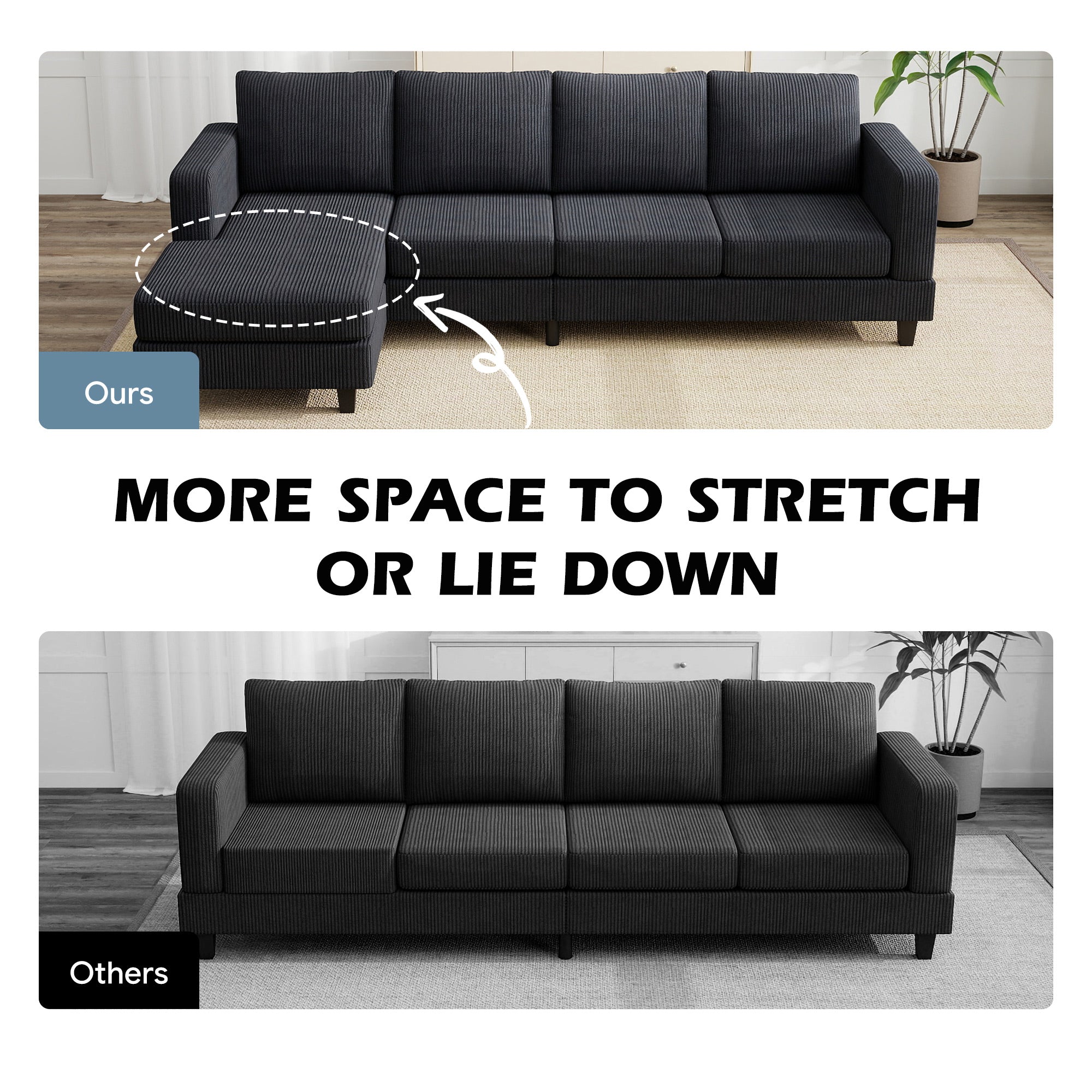 L Shaped Corduroy Sofa Chaise - Charcoal Grey-DECOROLALA