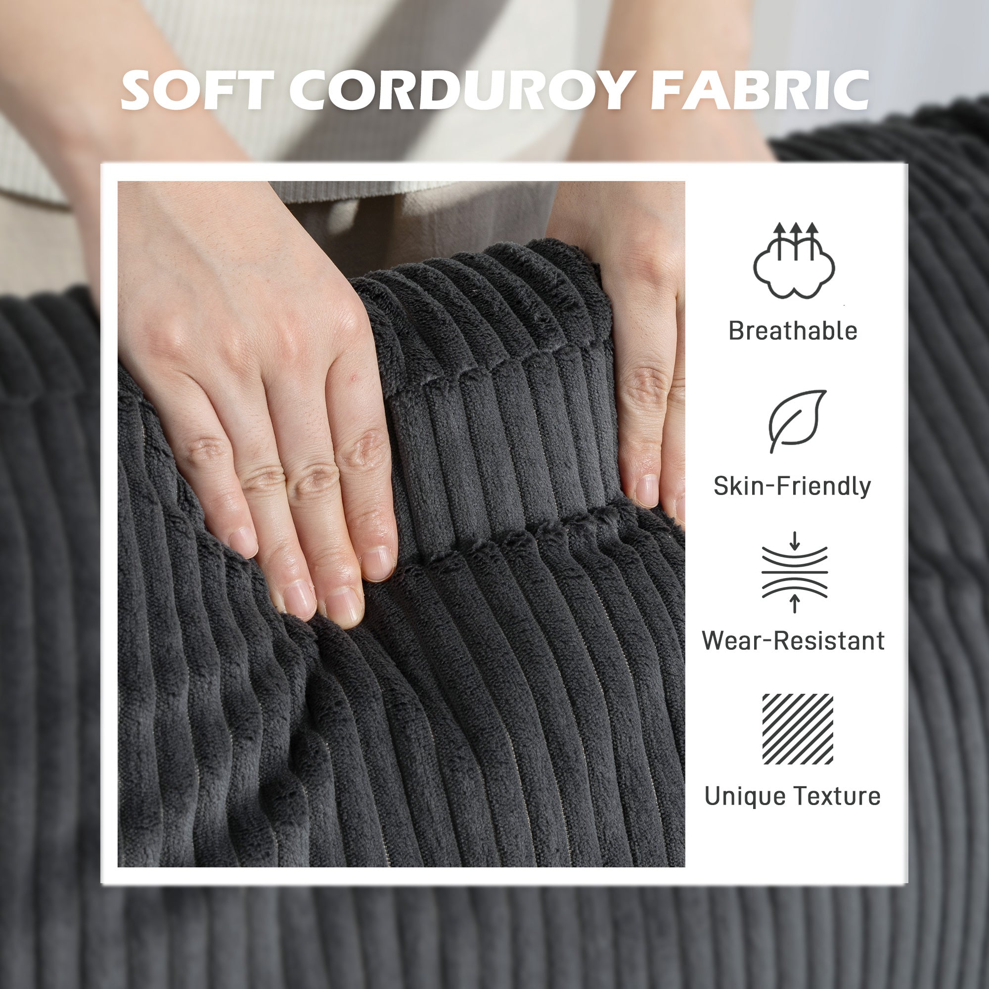 L Shaped Corduroy Sofa Chaise - Charcoal Grey-DECOROLALA