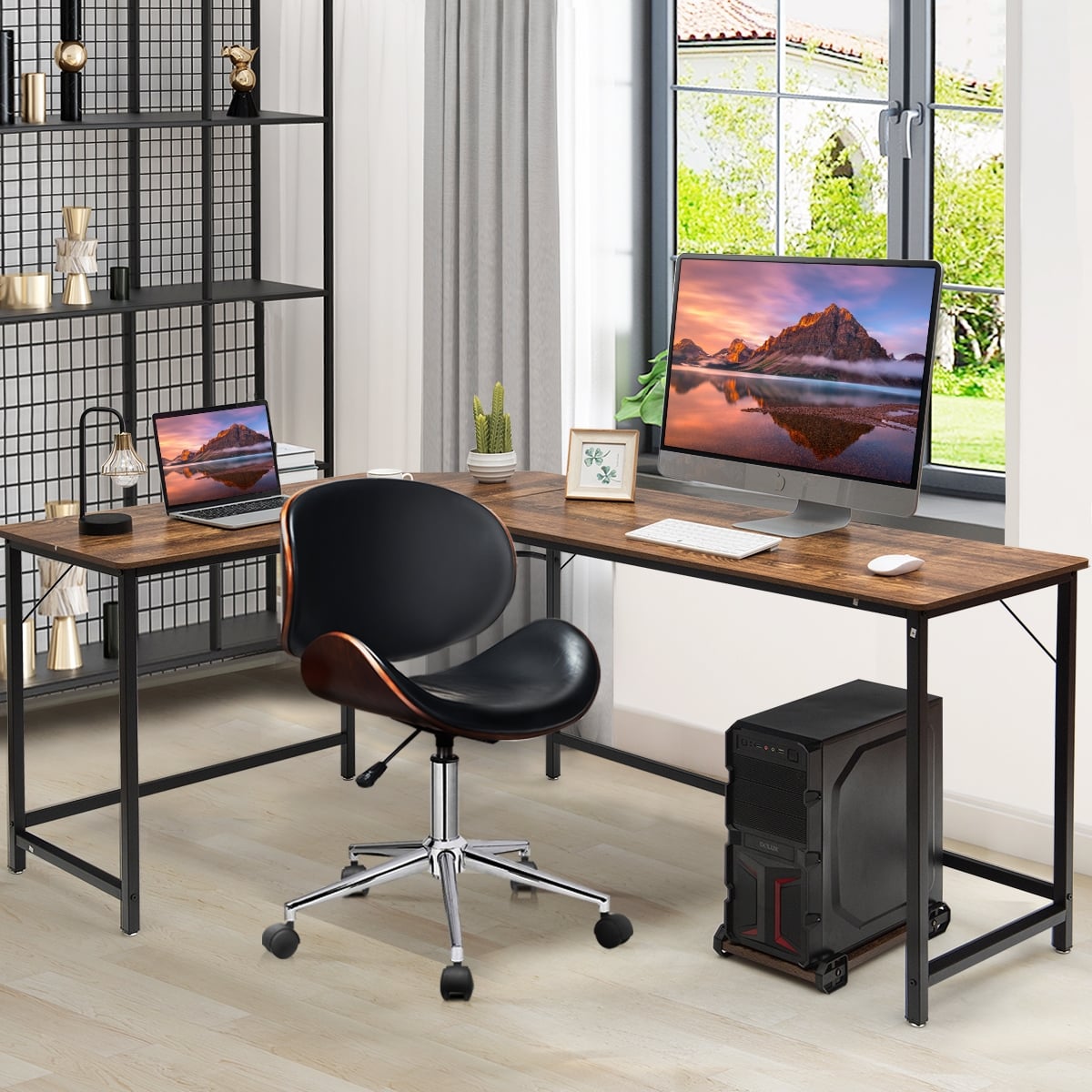 L Shaped Corner Computer Desk Laptop Gaming Table Workstation-Coffee ...