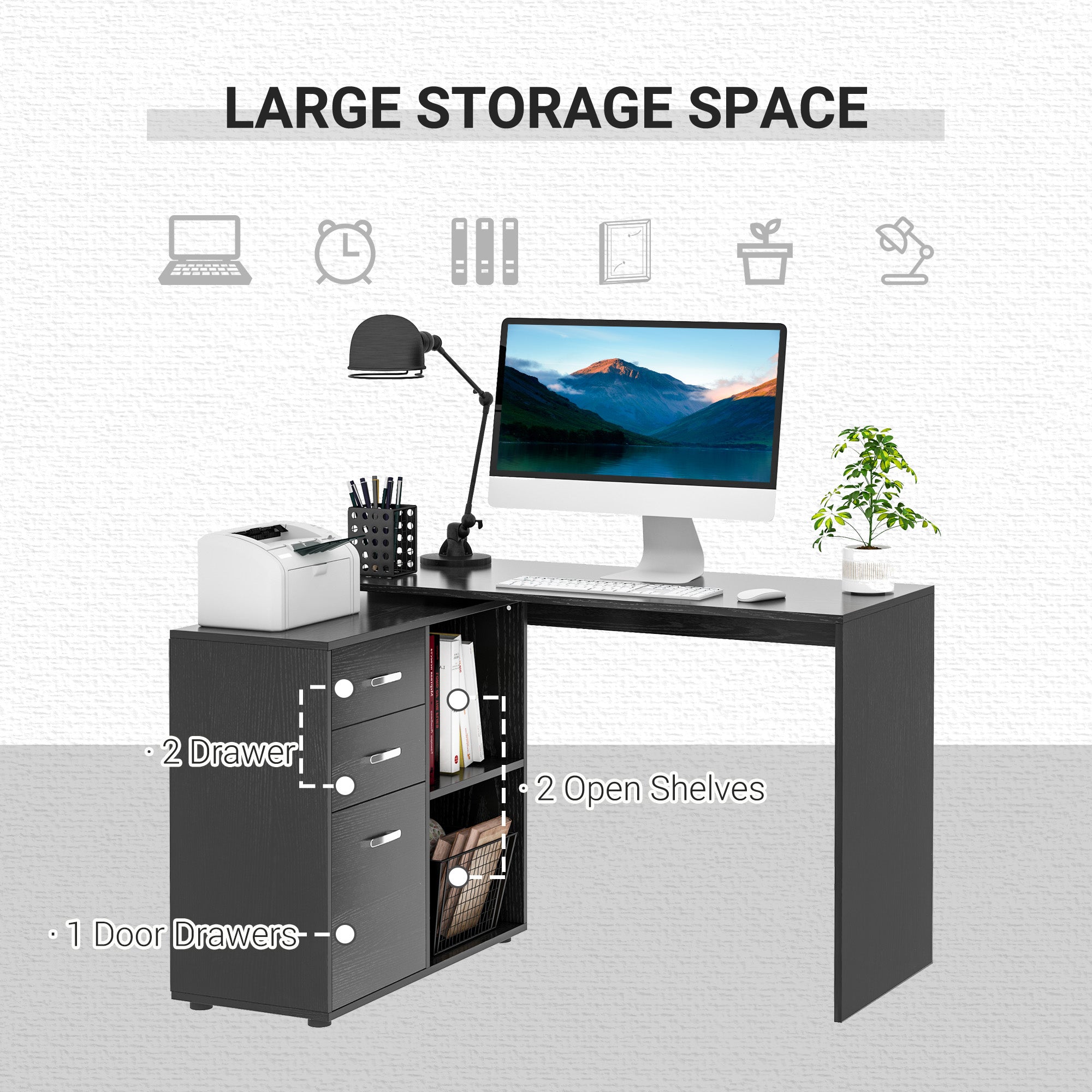 L-Shaped Corner Desk - Black with Storage-DECOROLALA