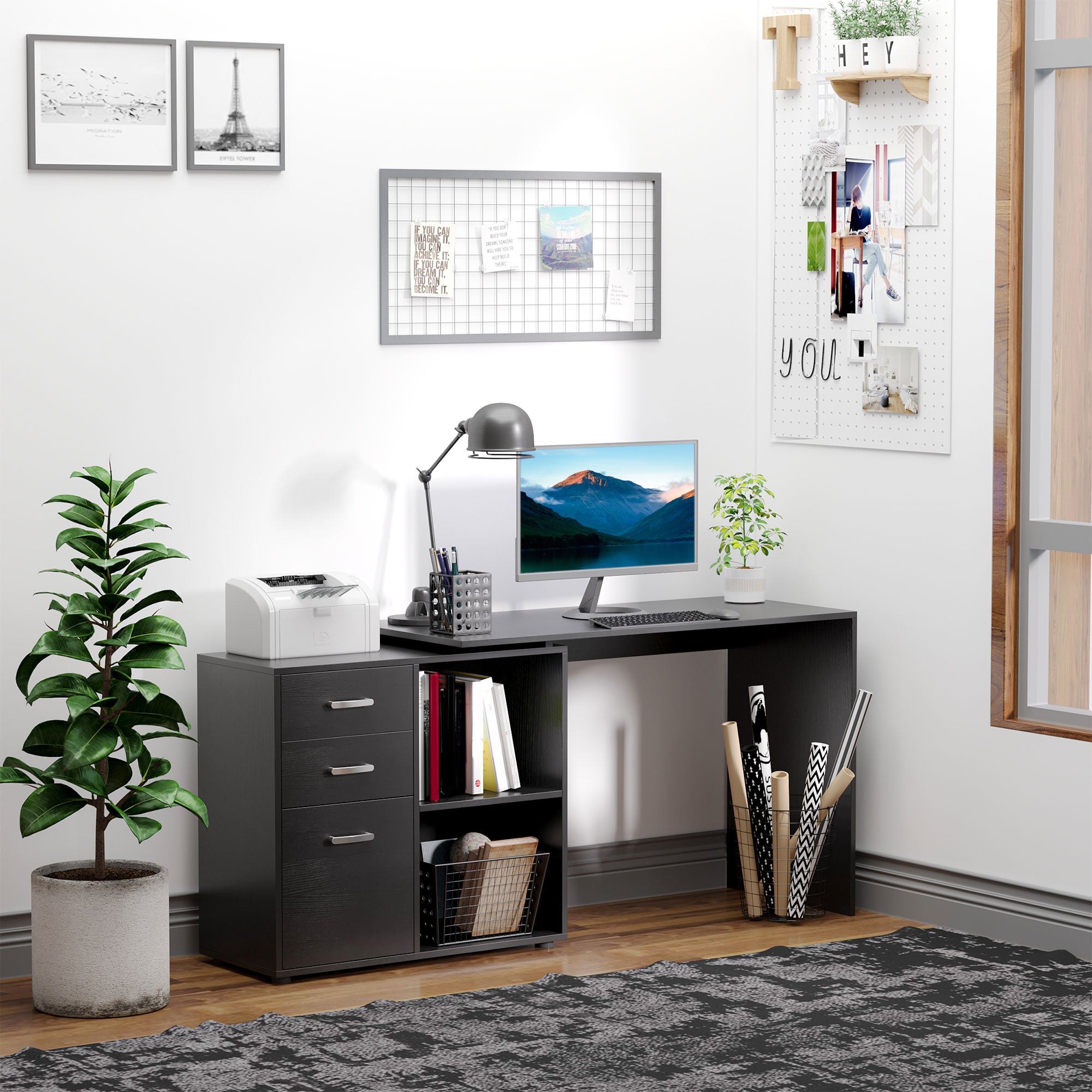 L-Shaped Corner Desk - Black with Storage-DECOROLALA