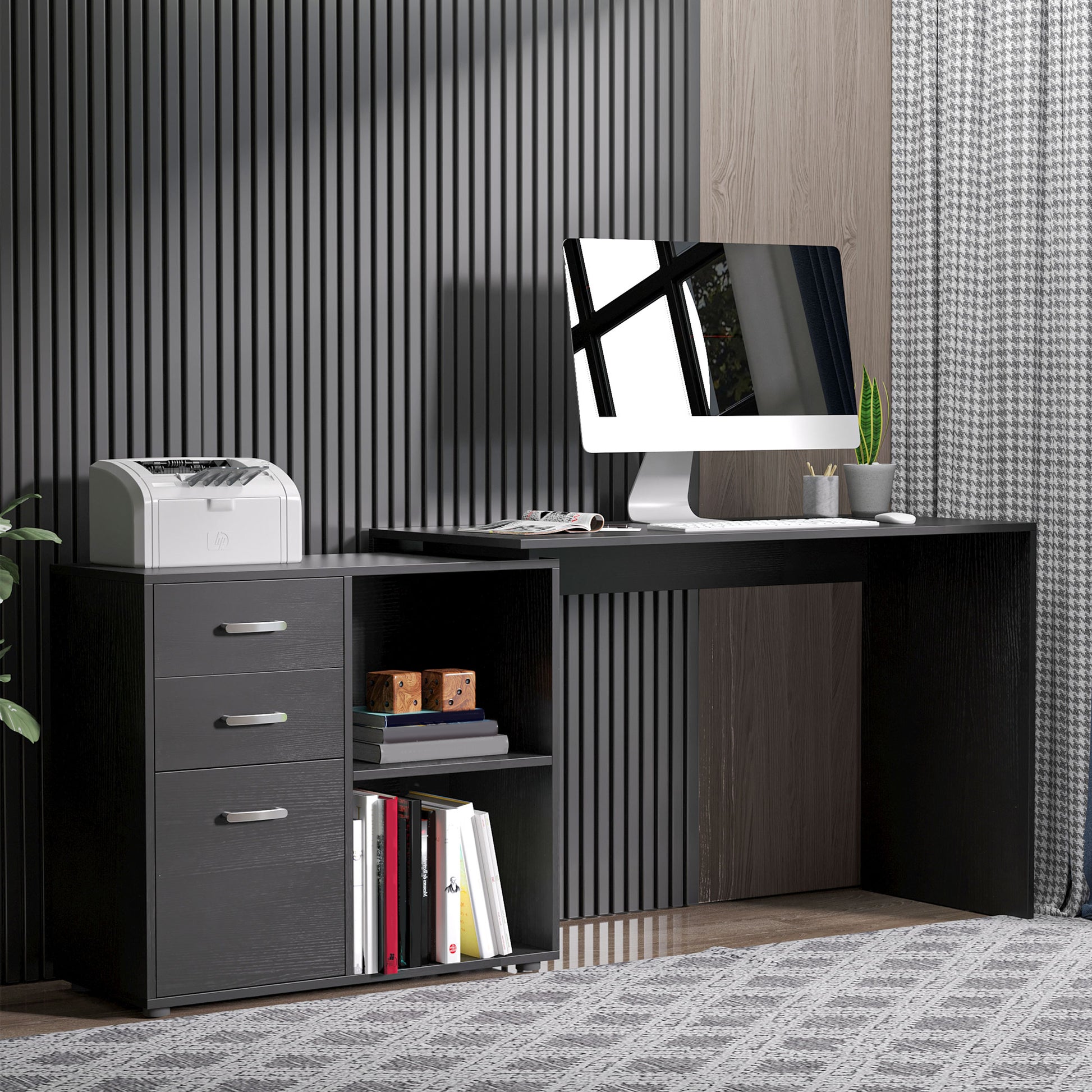 L-Shaped Corner Desk - Black with Storage-DECOROLALA