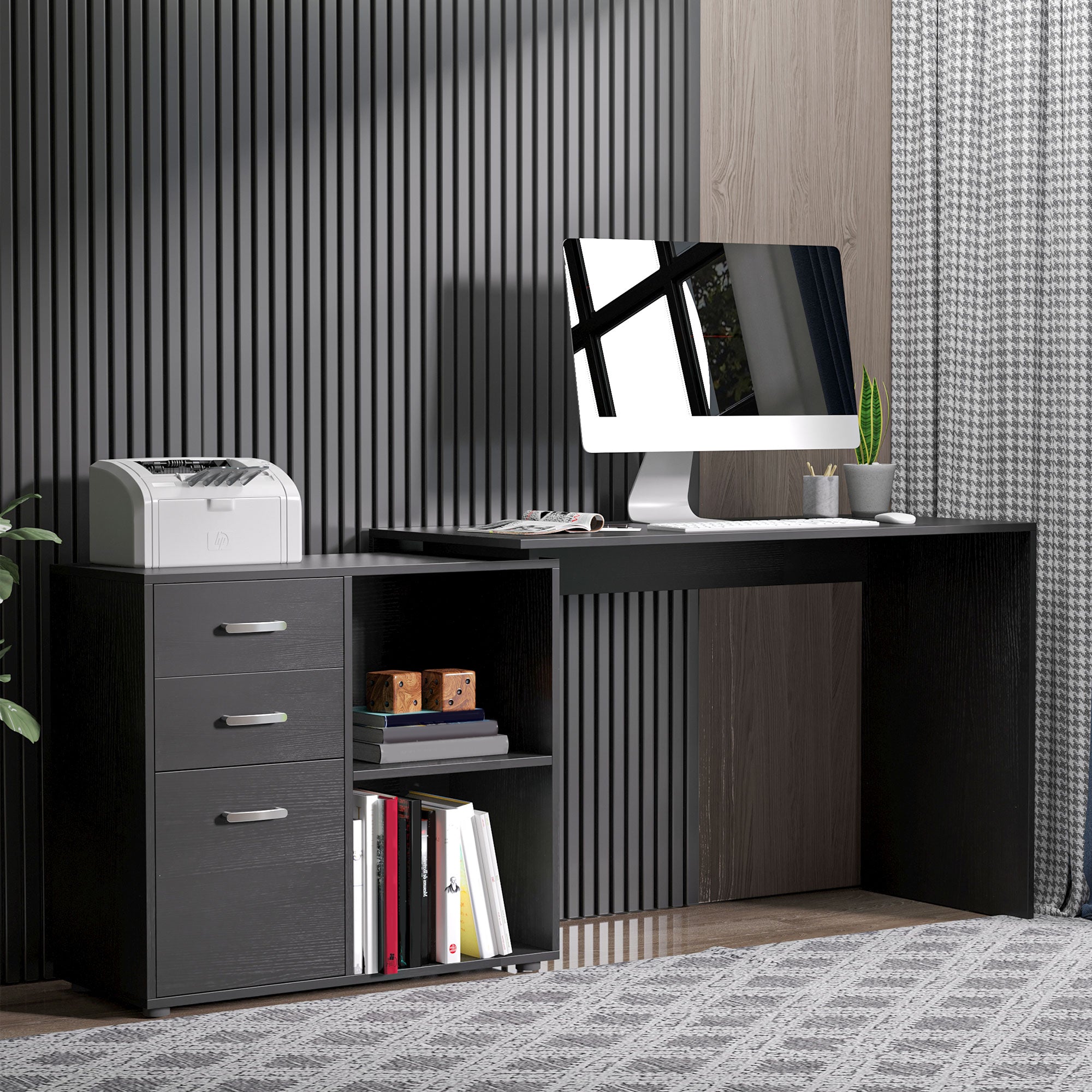 L-Shaped Corner Desk - Black with Storage-DECOROLALA