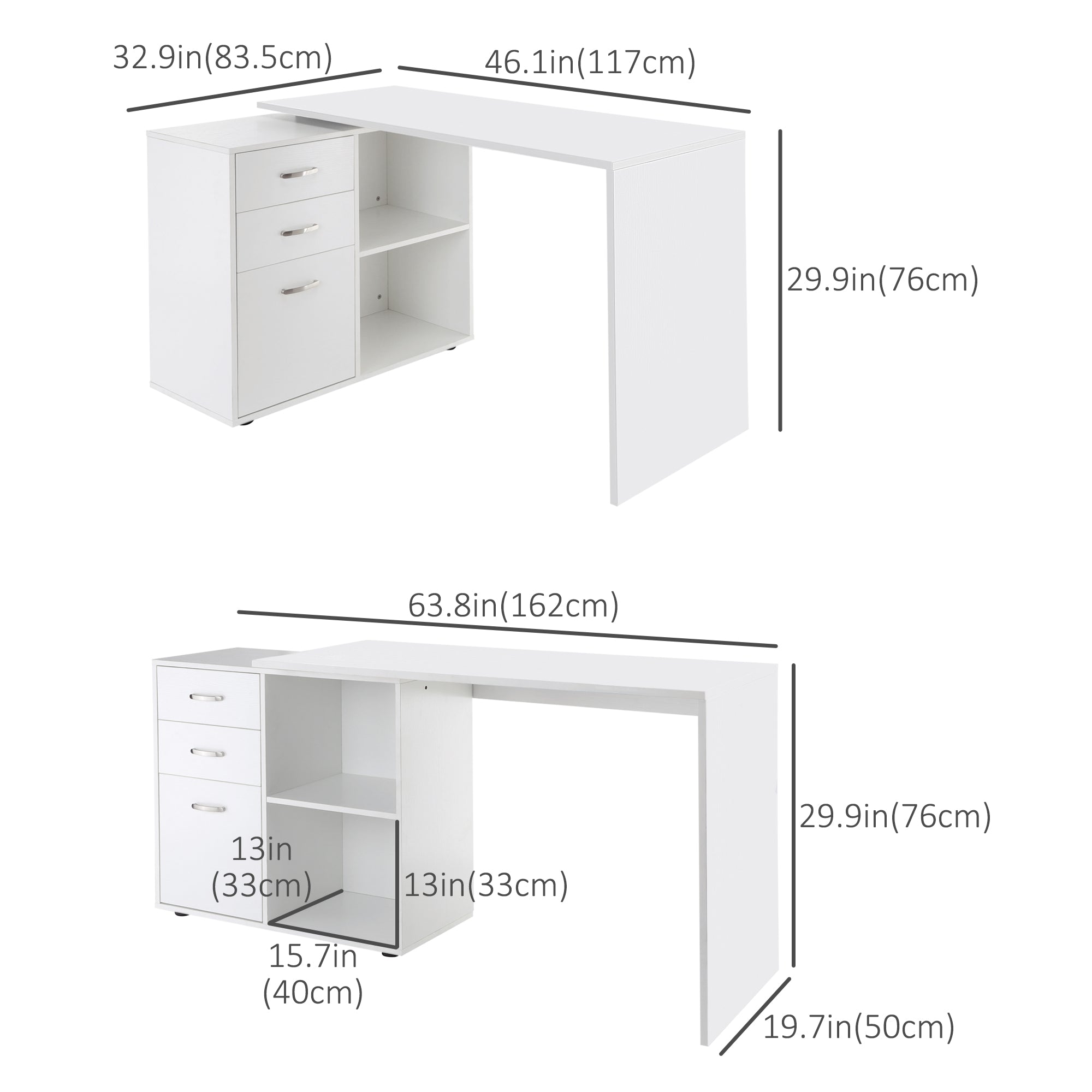 L-Shaped Desk White 46" with Storage Drawers-DECOROLALA