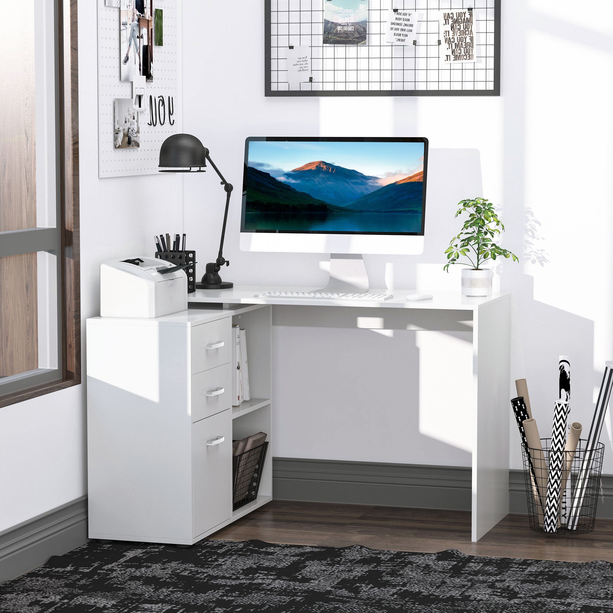 L-Shaped Desk White 46" with Storage Drawers-DECOROLALA