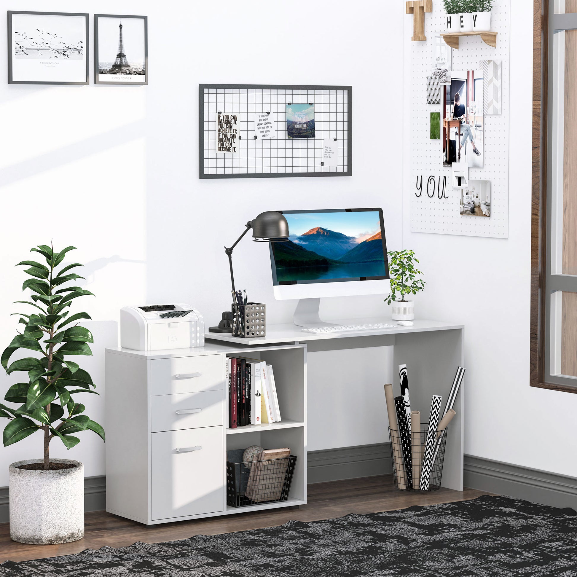 L-Shaped Desk White 46" with Storage Drawers-DECOROLALA