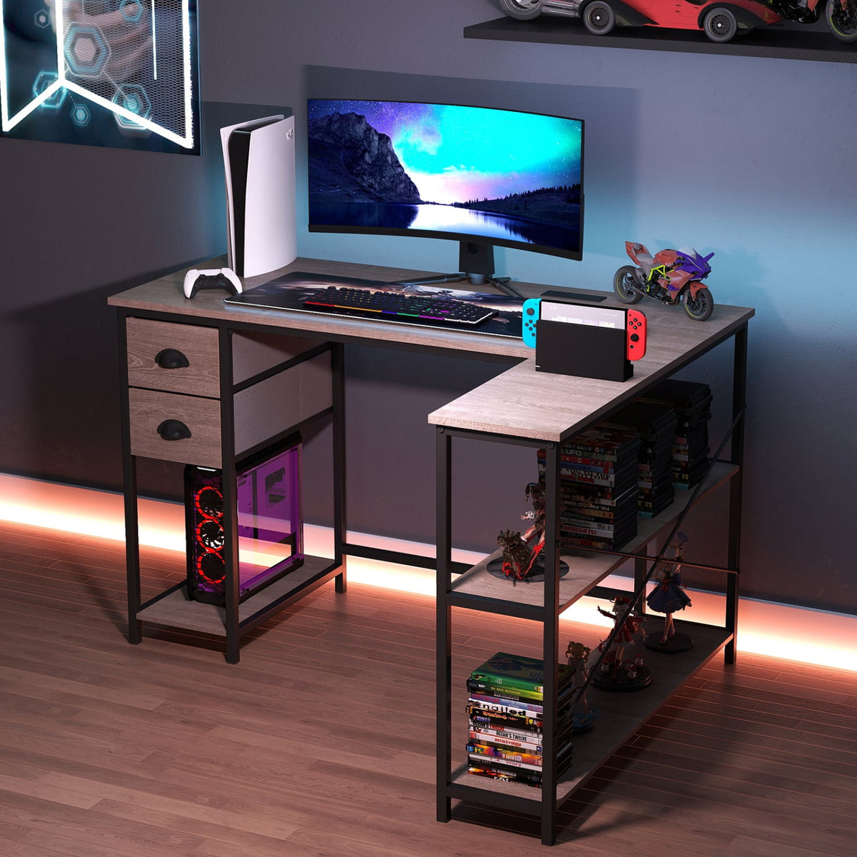 L Shaped Desk with Charging Station Corner Computer Desk with 2 Fabric Drawers-Oak-L-Shaped Desks-DECOROLALA