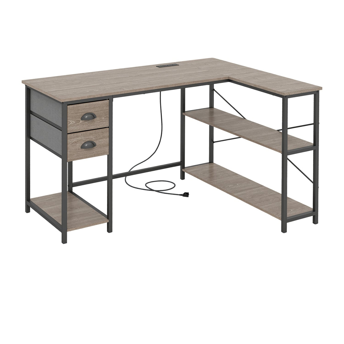 L Shaped Desk with Charging Station Corner Computer Desk with 2 Fabric Drawers-Oak-L-Shaped Desks-DECOROLALA