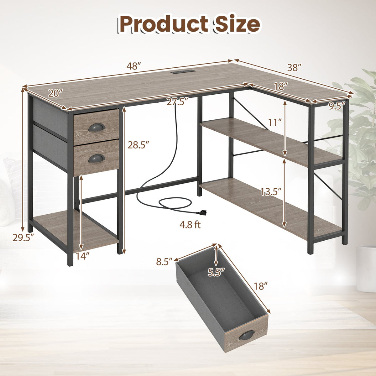 L Shaped Desk with Charging Station Corner Computer Desk with 2 Fabric Drawers-Oak-L-Shaped Desks-DECOROLALA