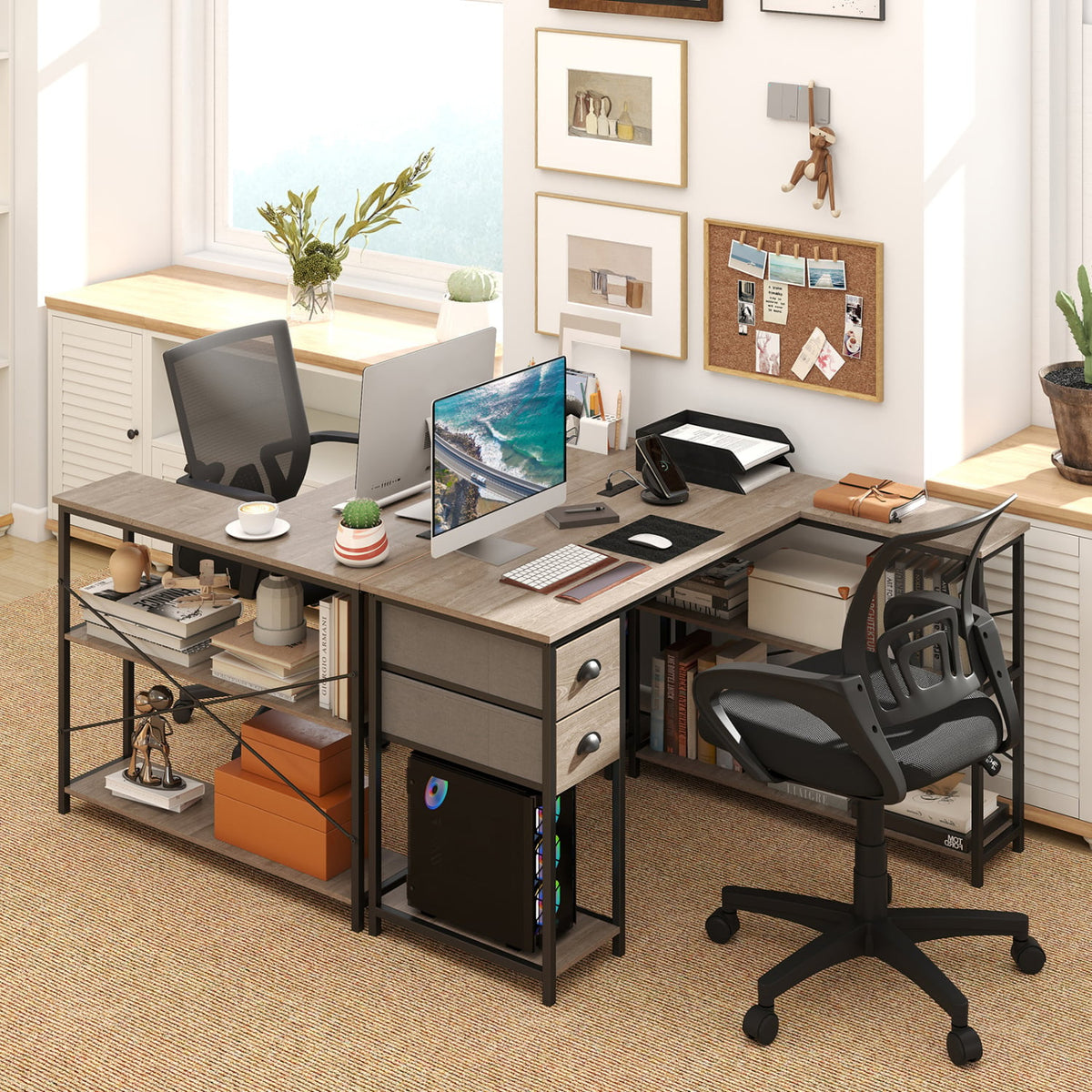 L Shaped Desk with Charging Station Corner Computer Desk with 2 Fabric Drawers-Oak-L-Shaped Desks-DECOROLALA