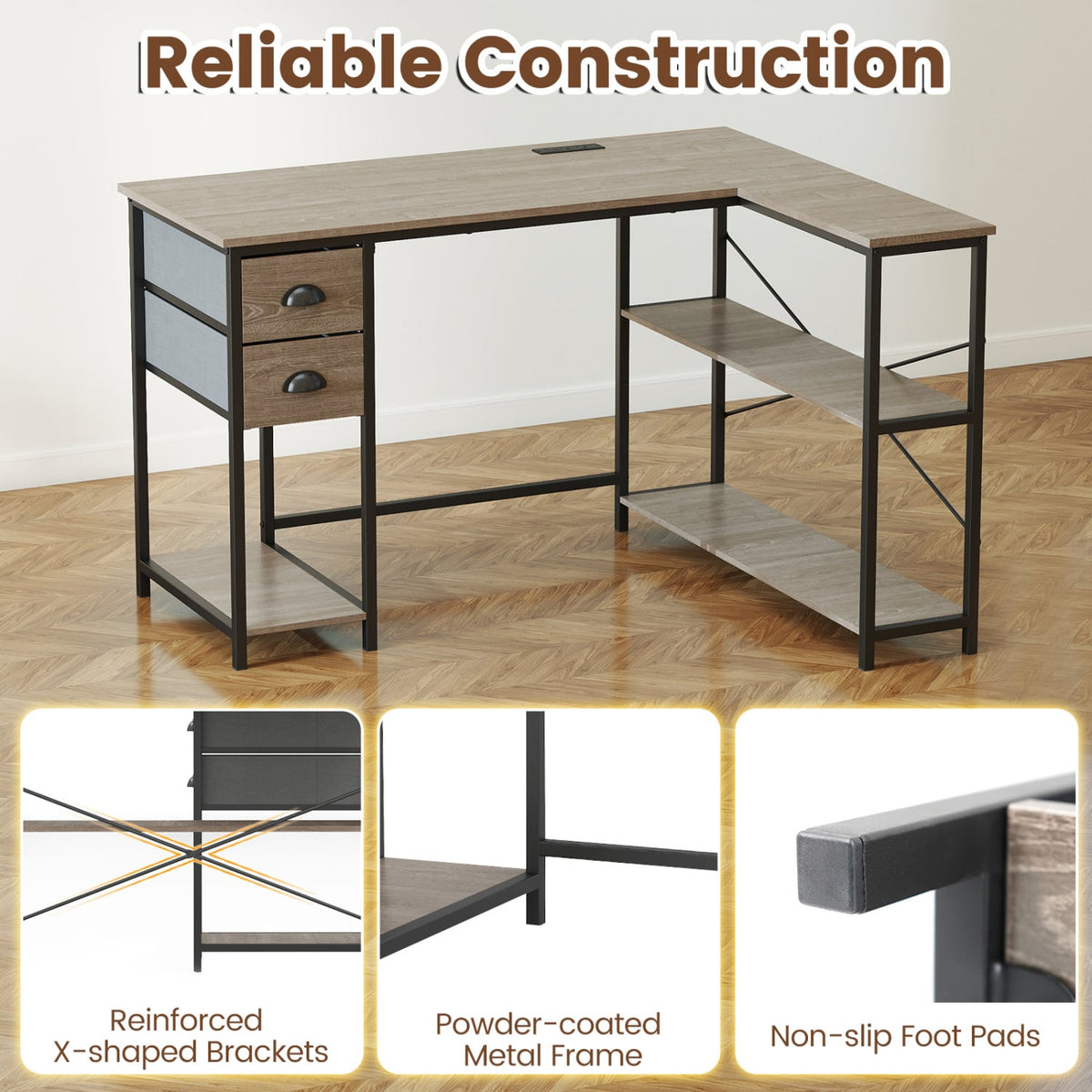 L Shaped Desk with Charging Station Corner Computer Desk with 2 Fabric Drawers-Oak-L-Shaped Desks-DECOROLALA