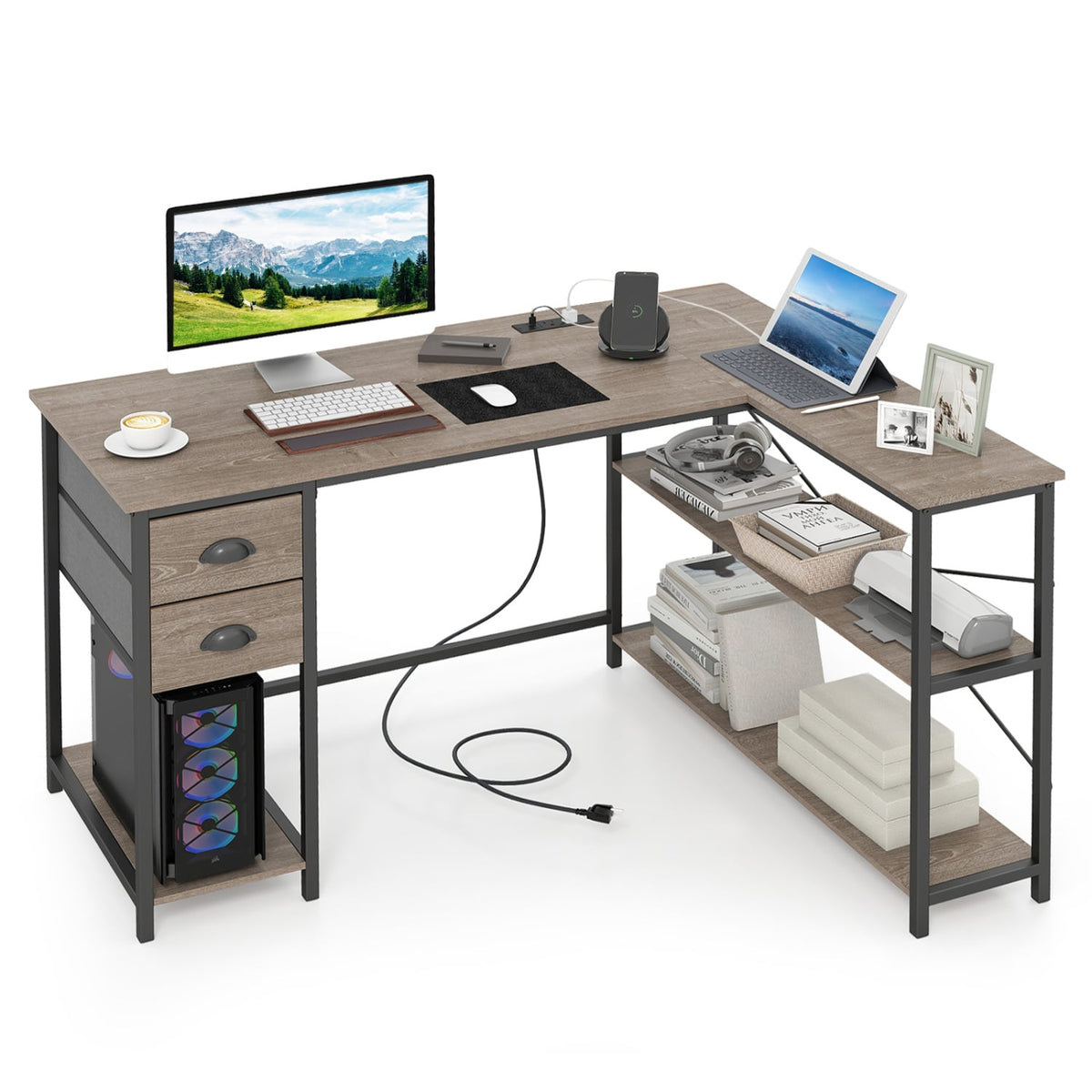 L Shaped Desk with Charging Station Corner Computer Desk with 2 Fabric Drawers-Oak-L-Shaped Desks-DECOROLALA