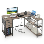 L Shaped Desk with Charging Station Corner Computer Desk with 2 Fabric Drawers-Oak-L-Shaped Desks-DECOROLALA