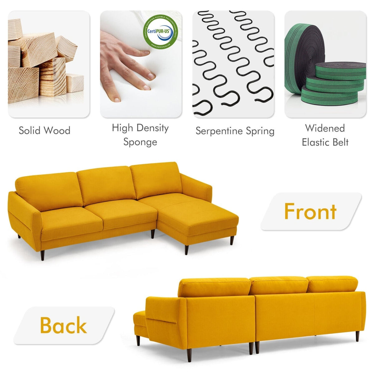 L-Shaped Fabric Sectional Sofa with Chaise - Yellow 104"-Sofas & Loveseats-DECOROLALA