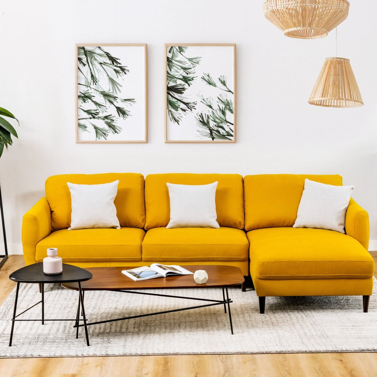 L-Shaped Fabric Sectional Sofa with Chaise - Yellow 104"-Sofas & Loveseats-DECOROLALA