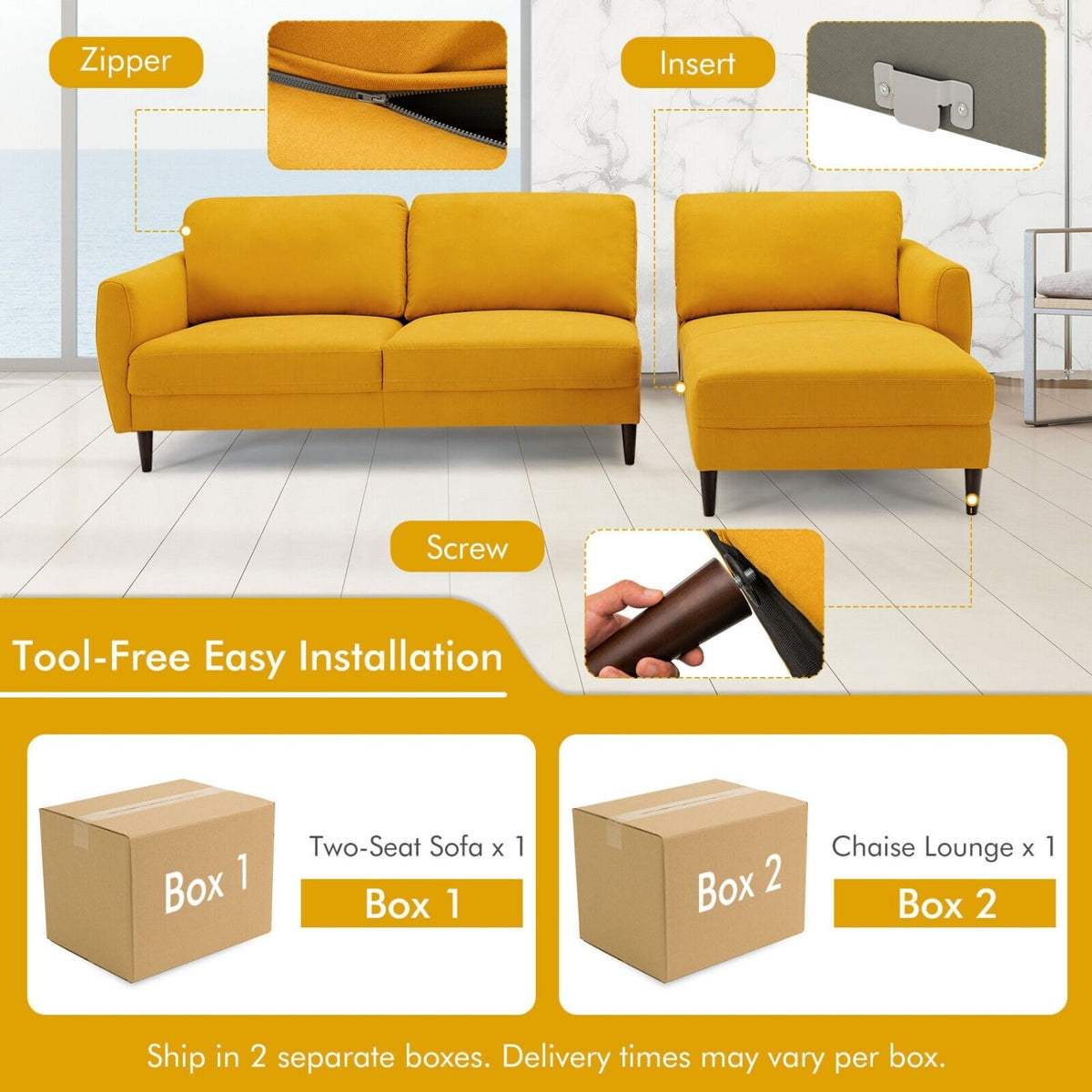 L-Shaped Fabric Sectional Sofa with Chaise - Yellow 104"-Sofas & Loveseats-DECOROLALA