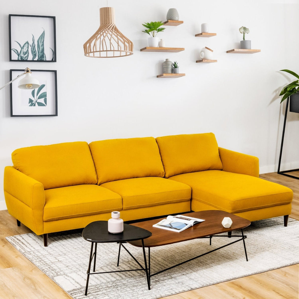 L-Shaped Fabric Sectional Sofa with Chaise - Yellow 104"-Sofas & Loveseats-DECOROLALA