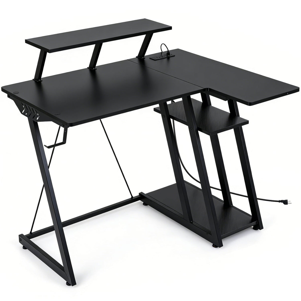 L Shaped Gaming Desk with Outlets and USB Ports-Black-Gaming Desks-DECOROLALA